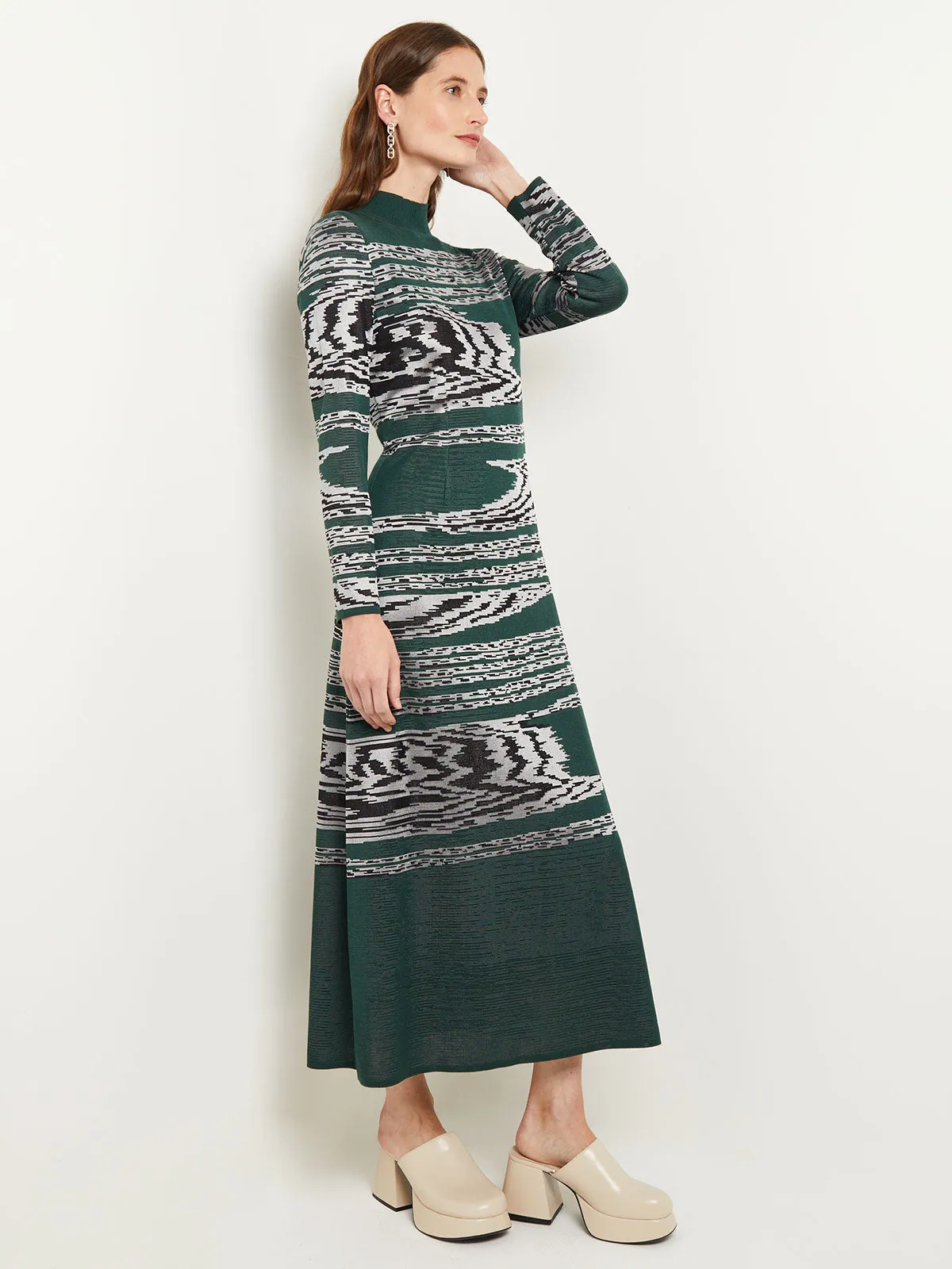 Mock Neck Jacquard Knit A-Line Maxi Dress