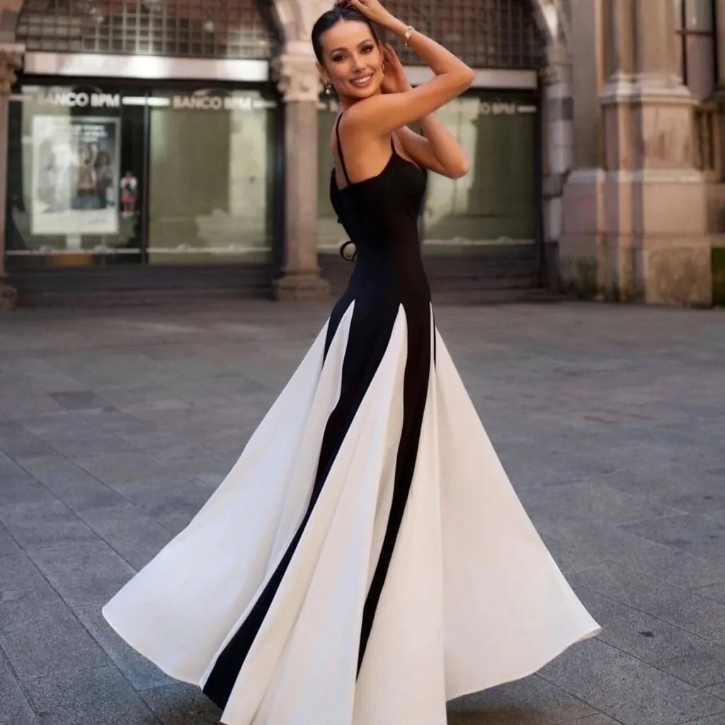 Monochromatic Black and White Sweetheart Neck Godet Slip Maxi Dress