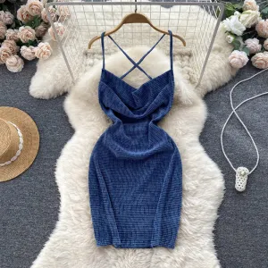 Navy Blue X-line Knitted Slip Dress