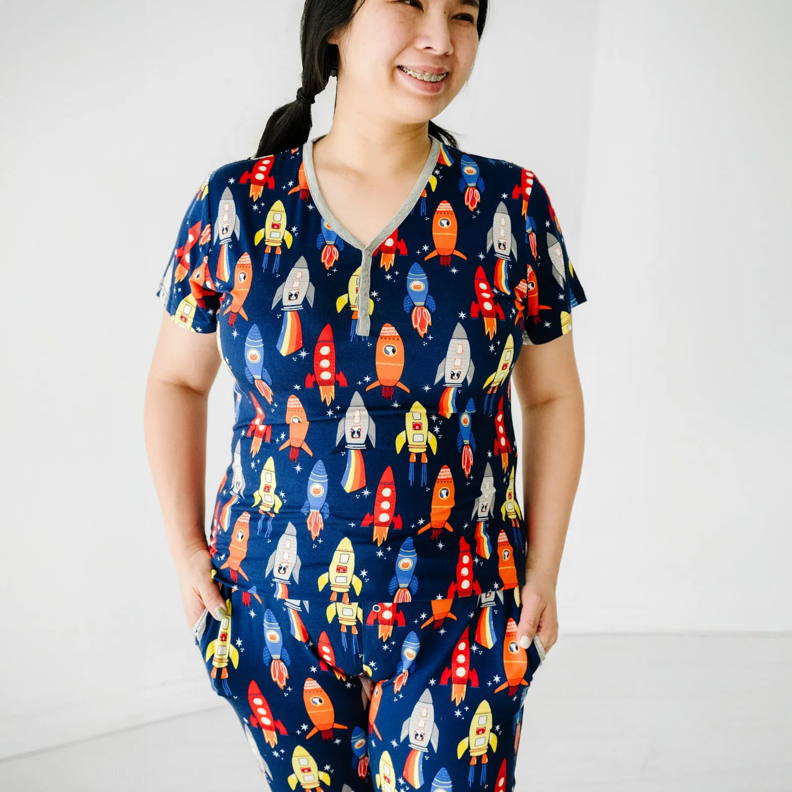 Navy Space Explorer Women's Short Sleeve Pajama Top