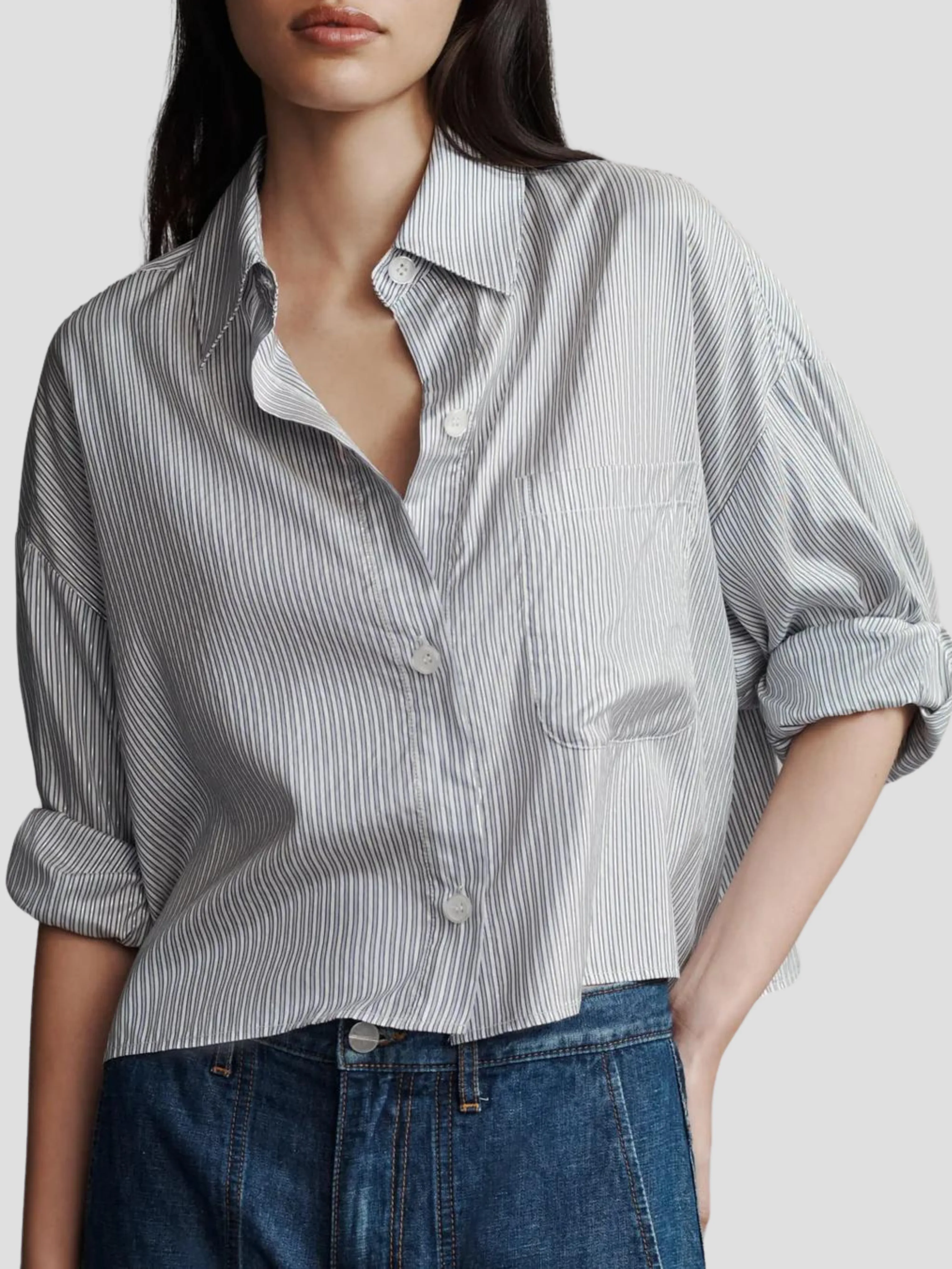 Next Ex Silk Voile Cropped Shirt in Indigo Metallic Stripes