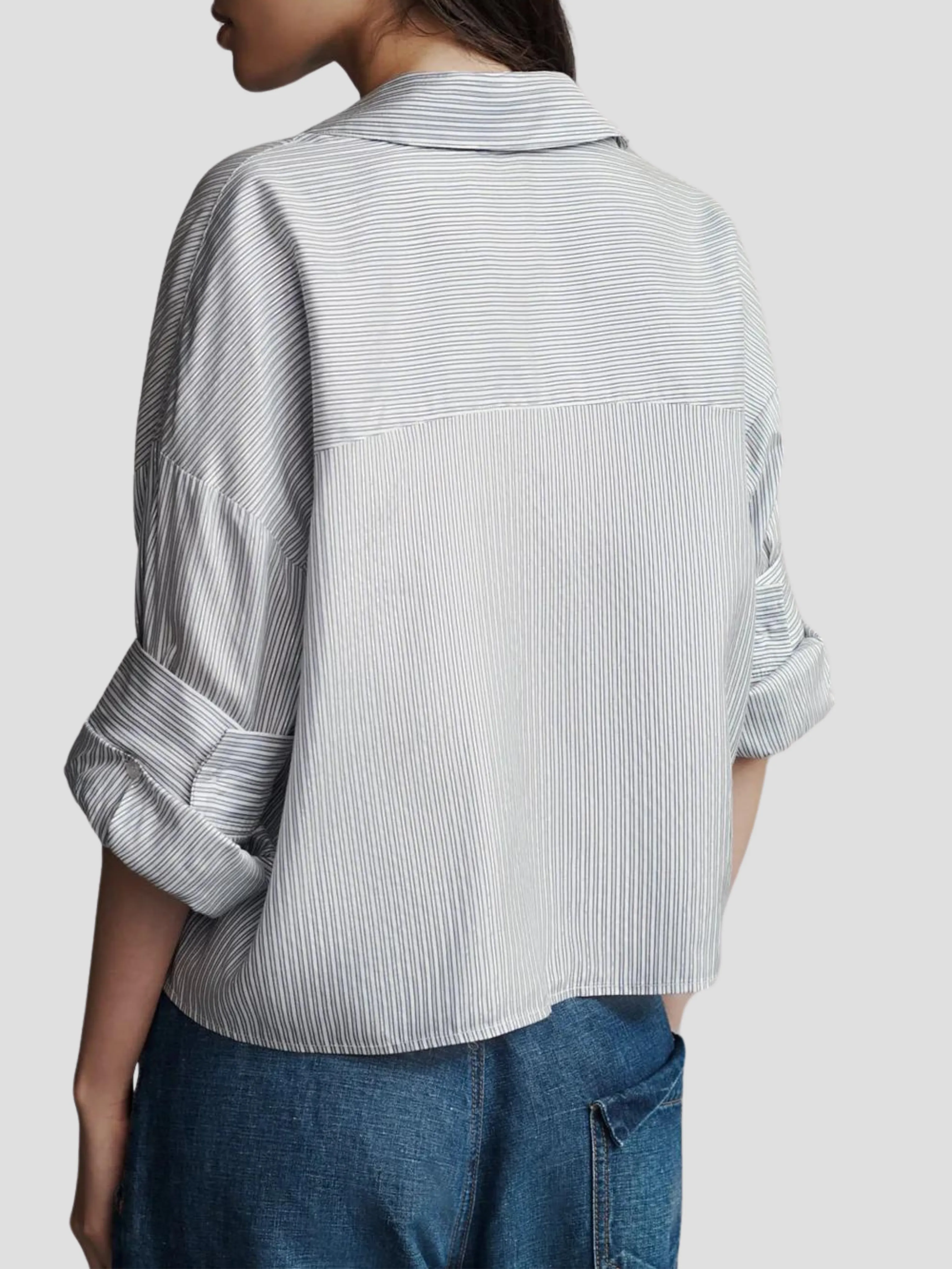 Next Ex Silk Voile Cropped Shirt in Indigo Metallic Stripes