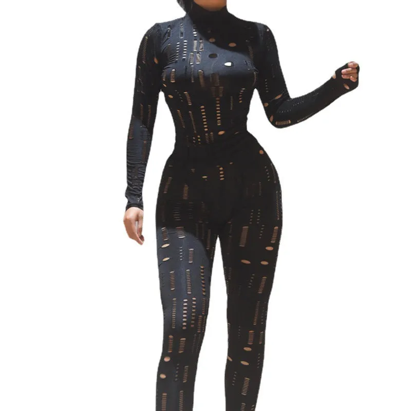 Nsquared European And American Style Cutout Ripped High Waist Tight Trousers Leisure Sports Suit