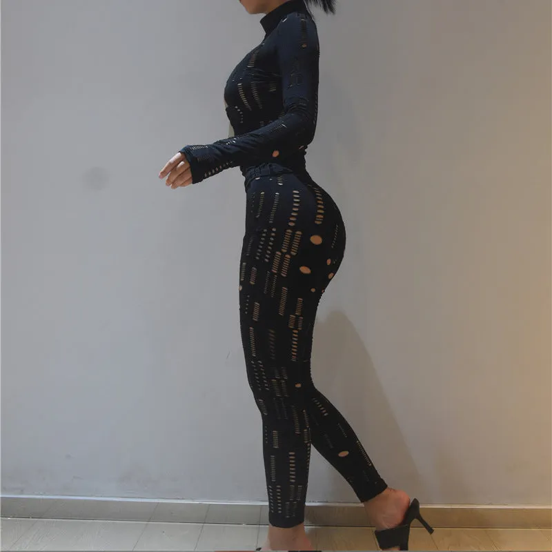 Nsquared European And American Style Cutout Ripped High Waist Tight Trousers Leisure Sports Suit