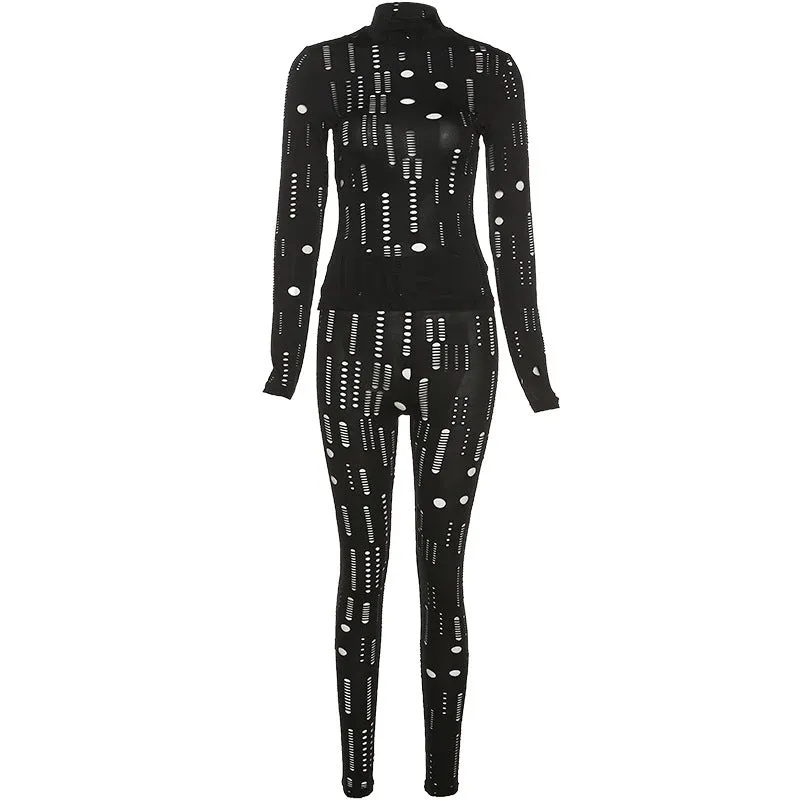 Nsquared European And American Style Cutout Ripped High Waist Tight Trousers Leisure Sports Suit