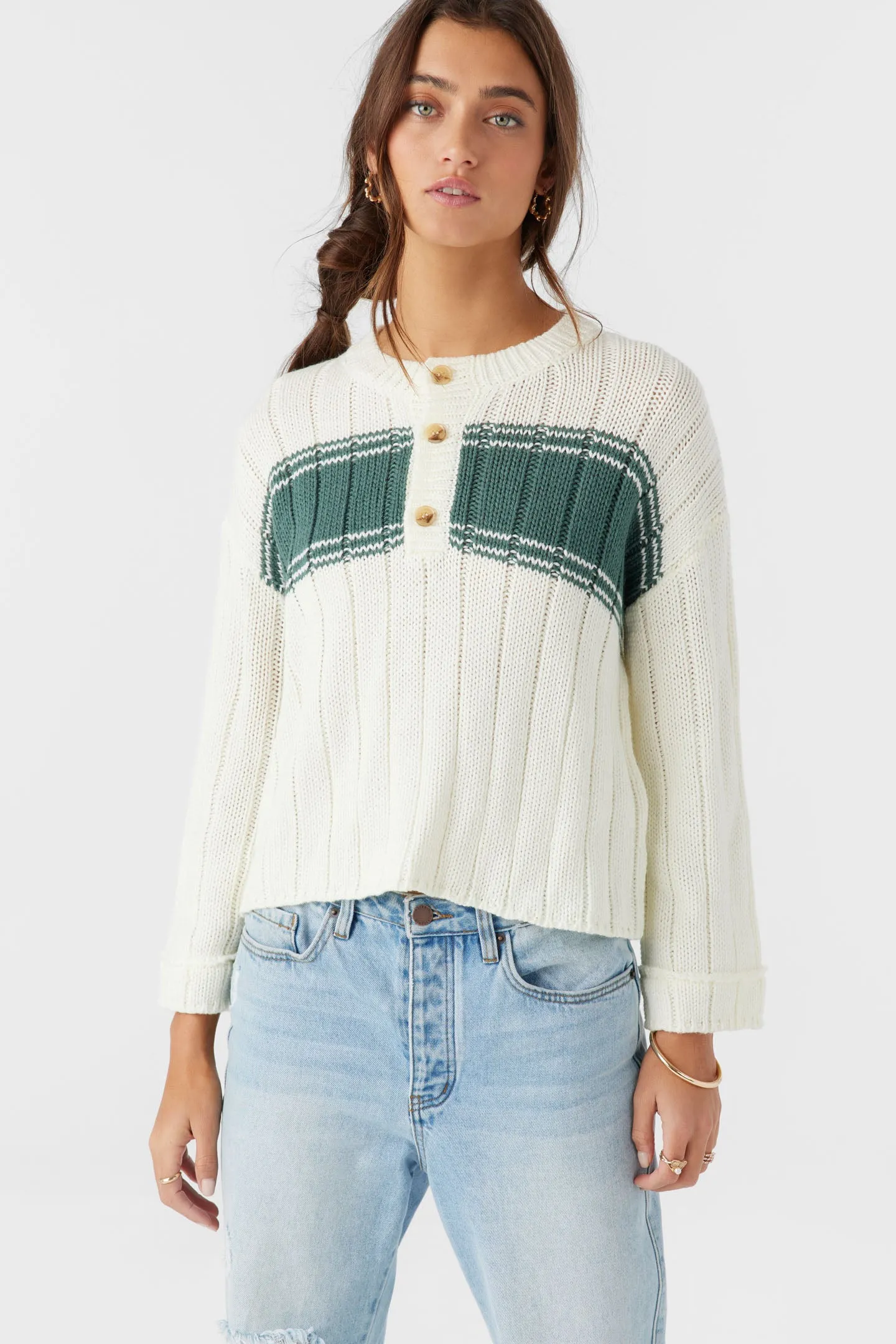 OCEANFRONT STRIPE HENLEY LONG SLEEVE SWEATER