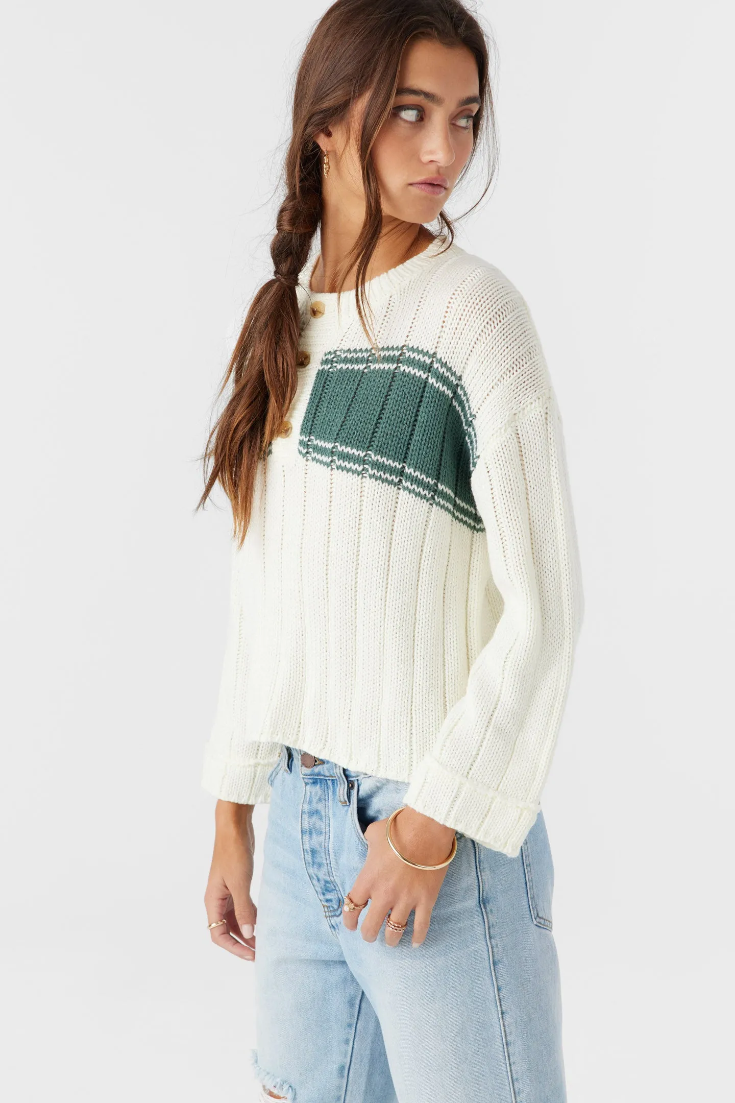 OCEANFRONT STRIPE HENLEY LONG SLEEVE SWEATER