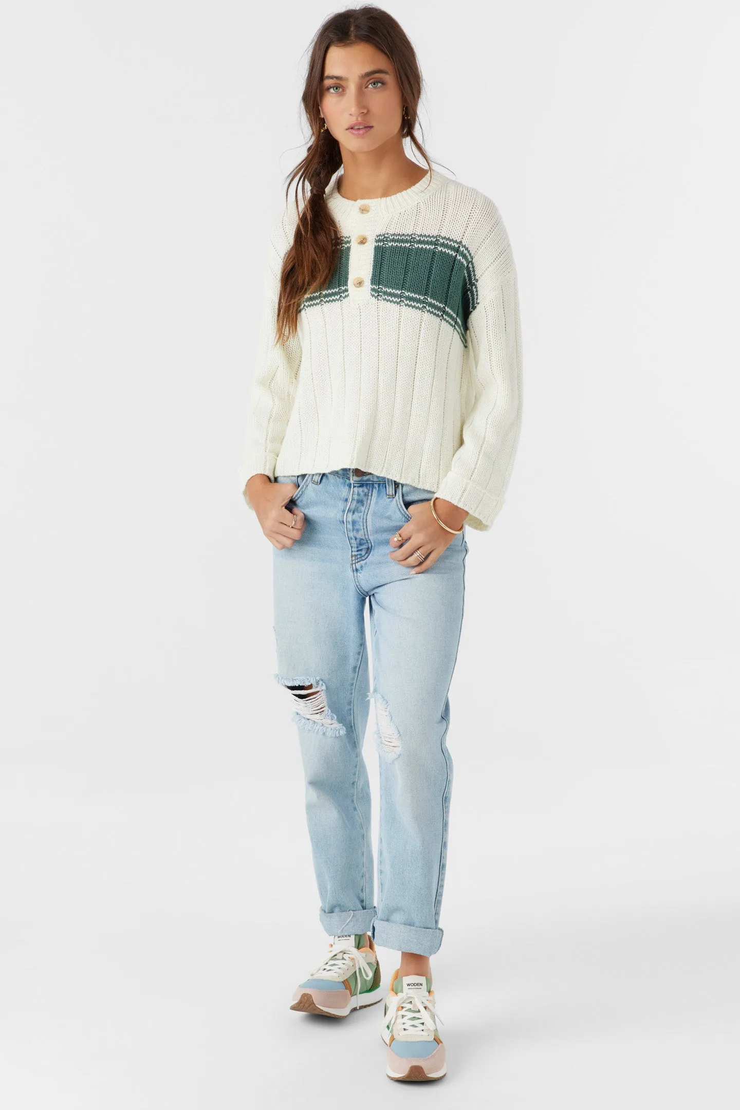 OCEANFRONT STRIPE HENLEY LONG SLEEVE SWEATER