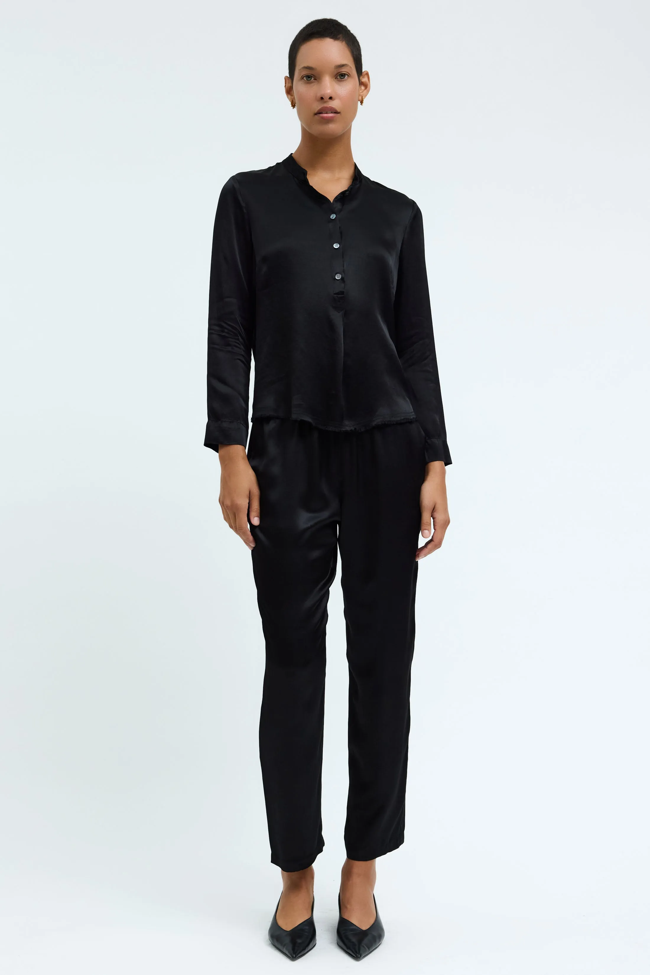 Pebble Satin Black Perfect Henley Blouse