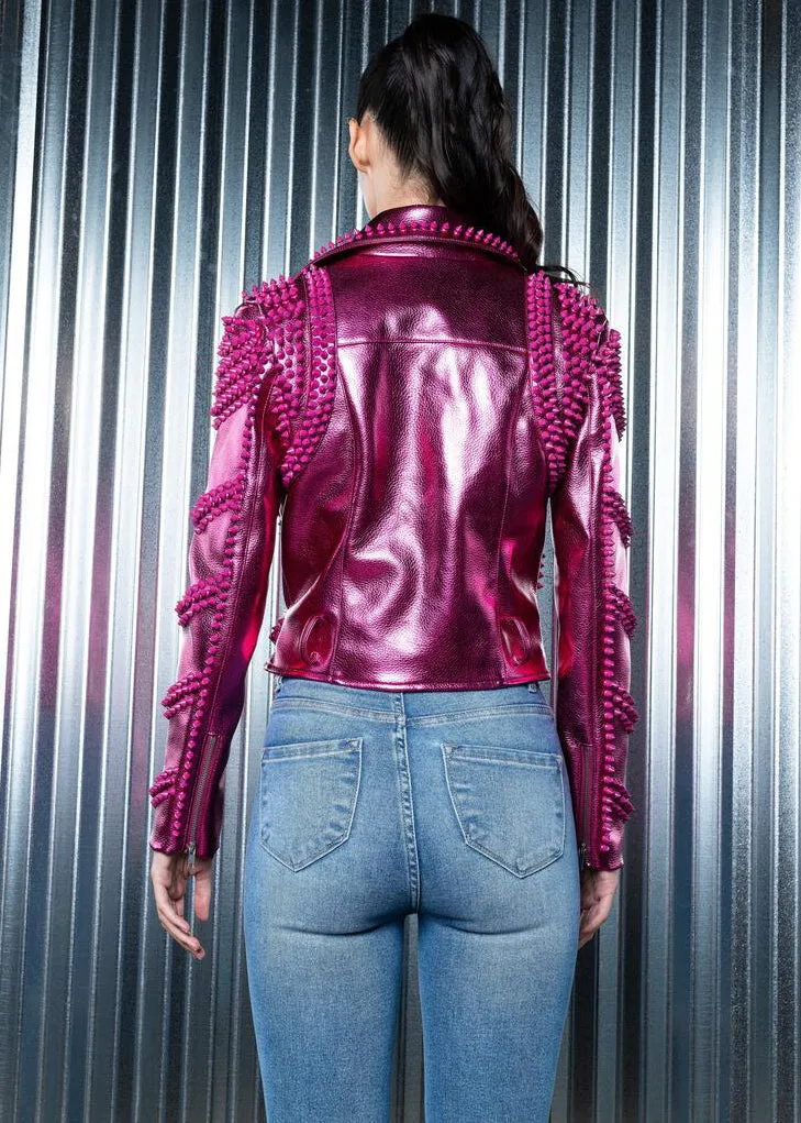 Pink Metallic Moto Jacket with Studs