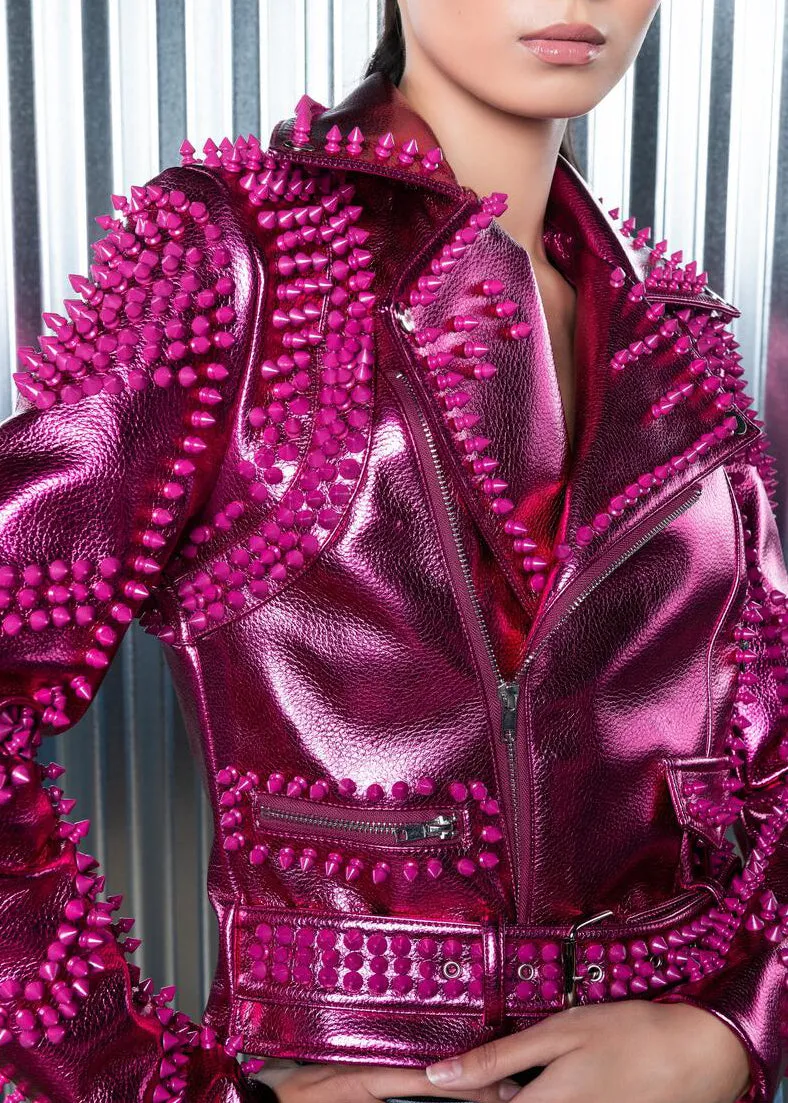 Pink Metallic Moto Jacket with Studs