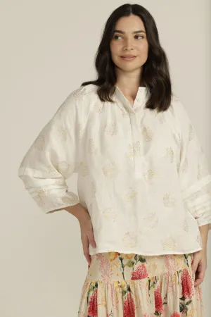 Pleat Sleeve Linen Blouse Foil Print