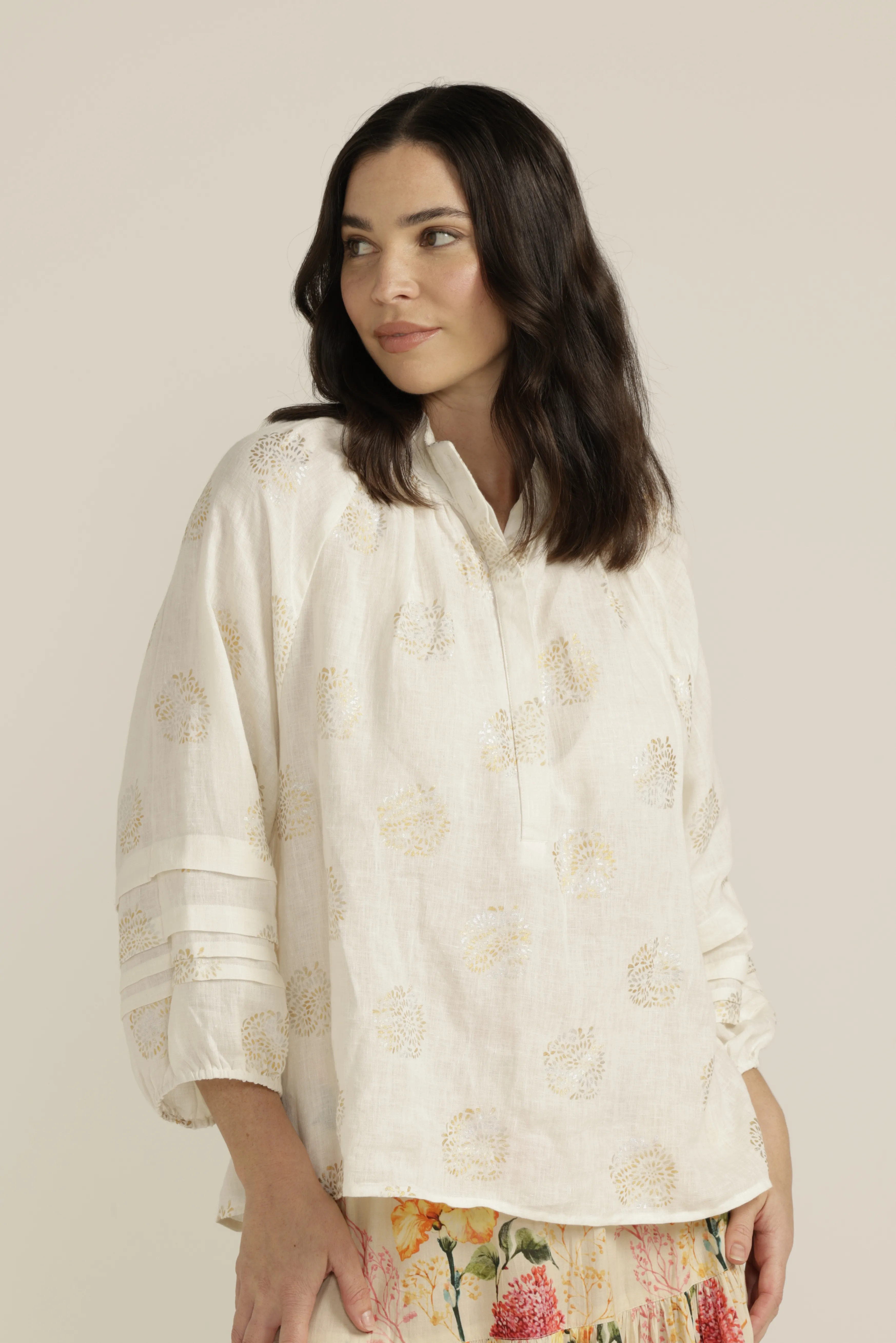 Pleat Sleeve Linen Blouse Foil Print