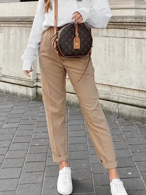 Pleated Casual High Waist Pure Color Pants