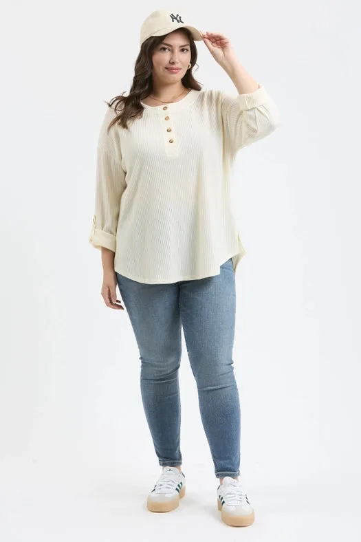 Plus 3/4 Tab Sleeve Henley Knit Top CREAM