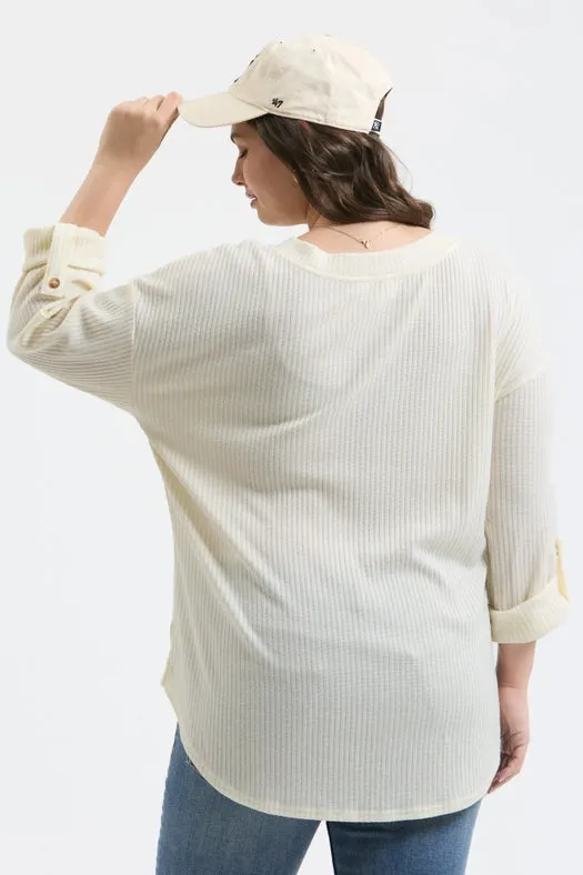 Plus 3/4 Tab Sleeve Henley Knit Top CREAM