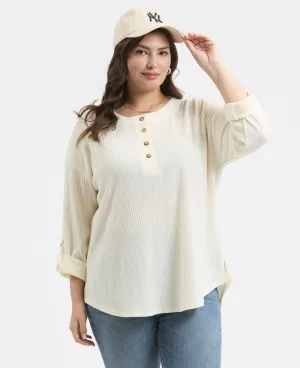 Plus 3/4 Tab Sleeve Henley Knit Top CREAM