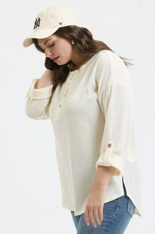 Plus 3/4 Tab Sleeve Henley Knit Top CREAM