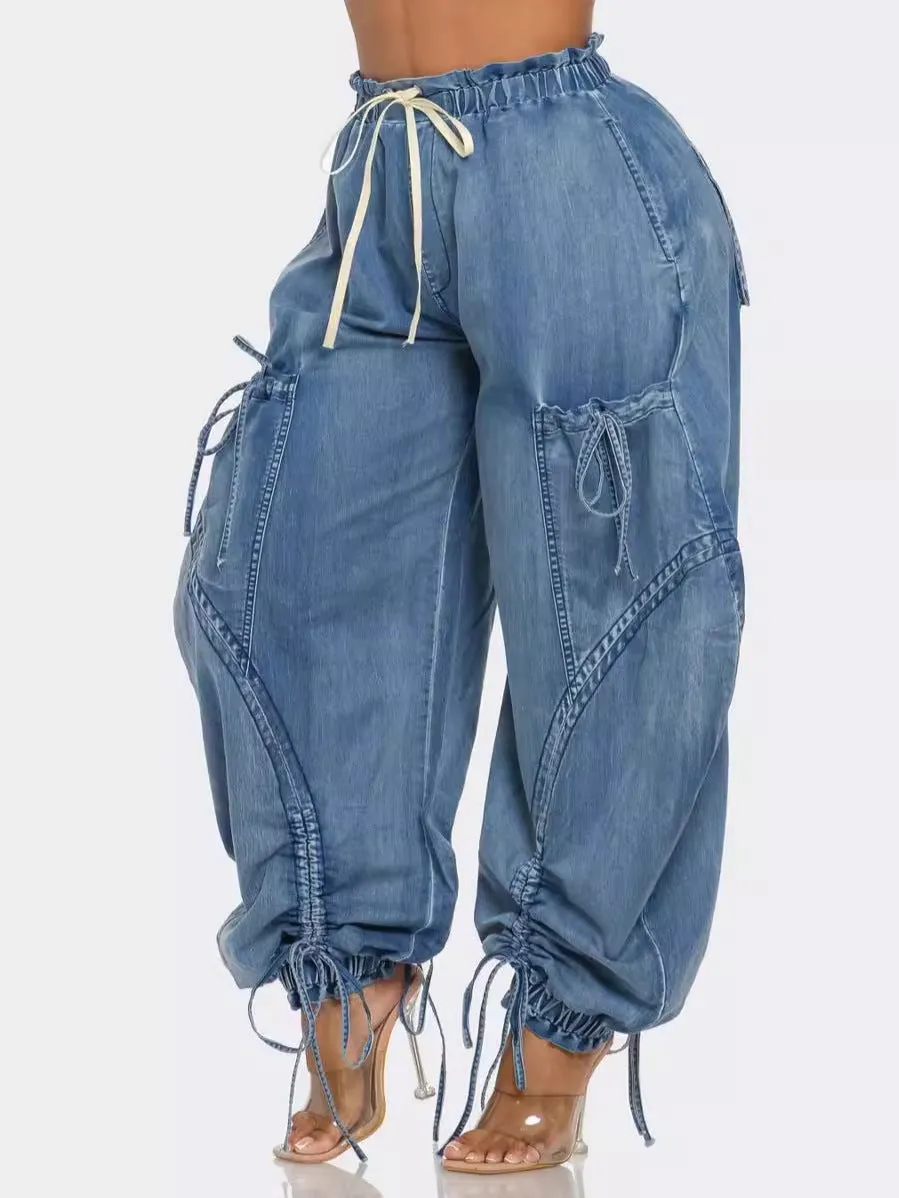 Pre Order:  Balloon Elastic Waistband Denim Jeans