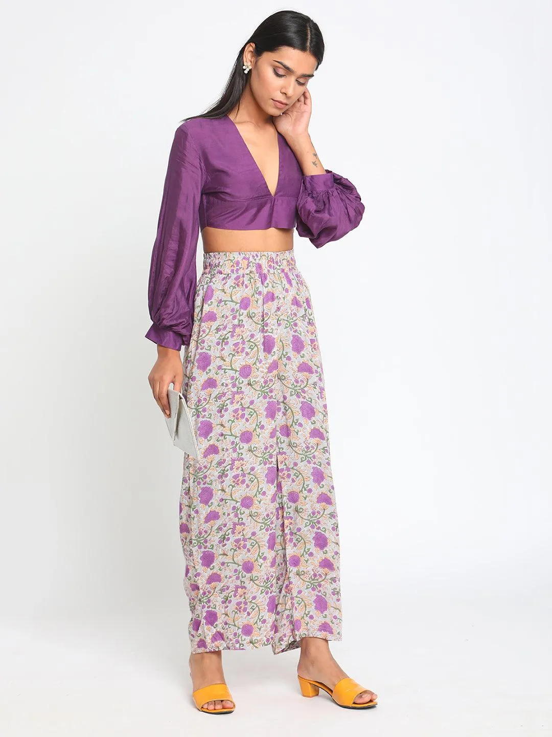 Purple Hand Block Printed High Waist Pant