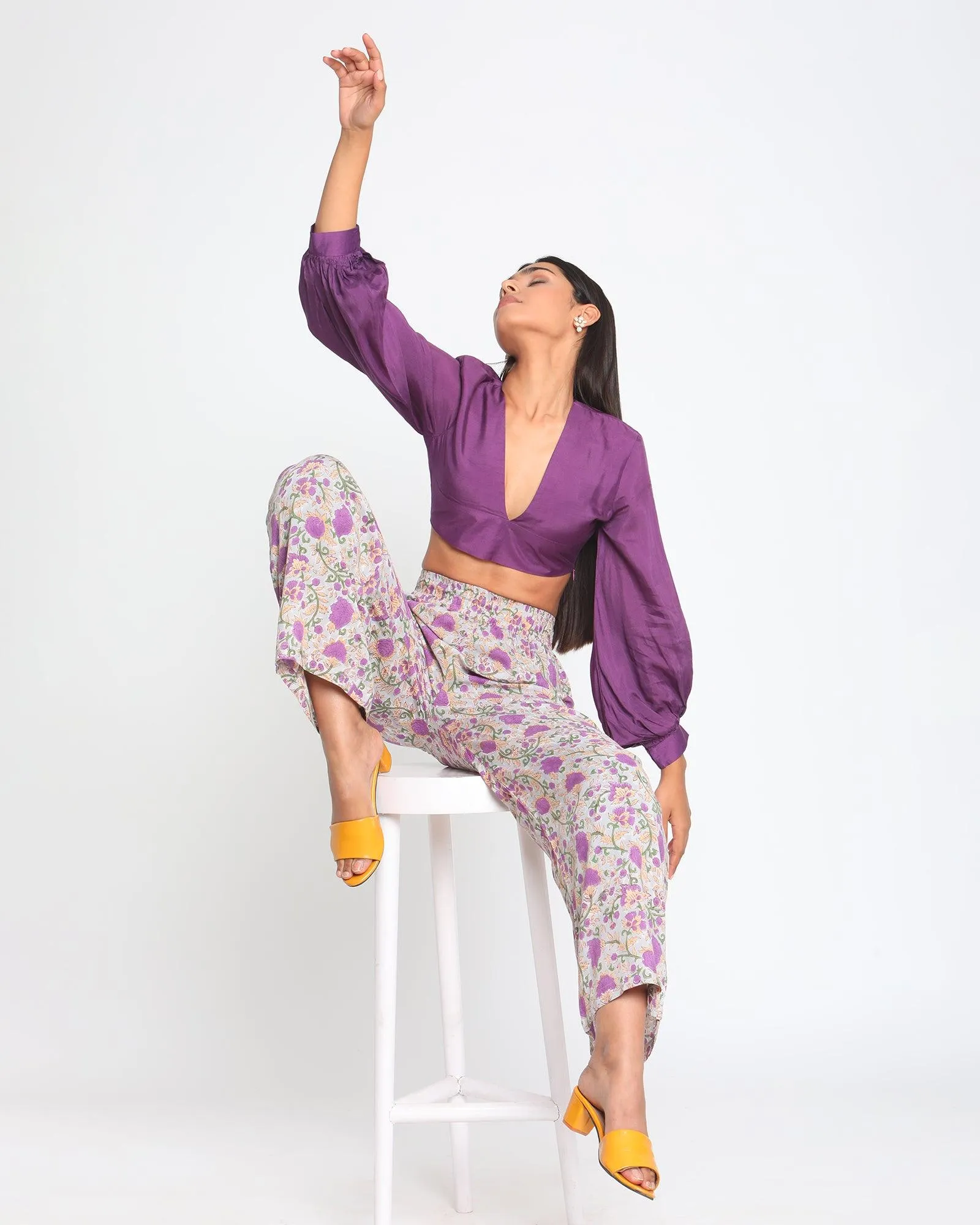 Purple Hand Block Printed High Waist Pant