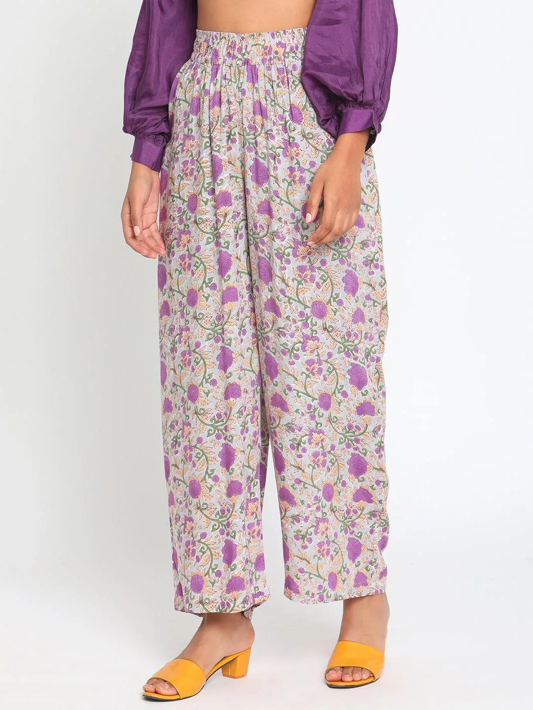 Purple Hand Block Printed High Waist Pant