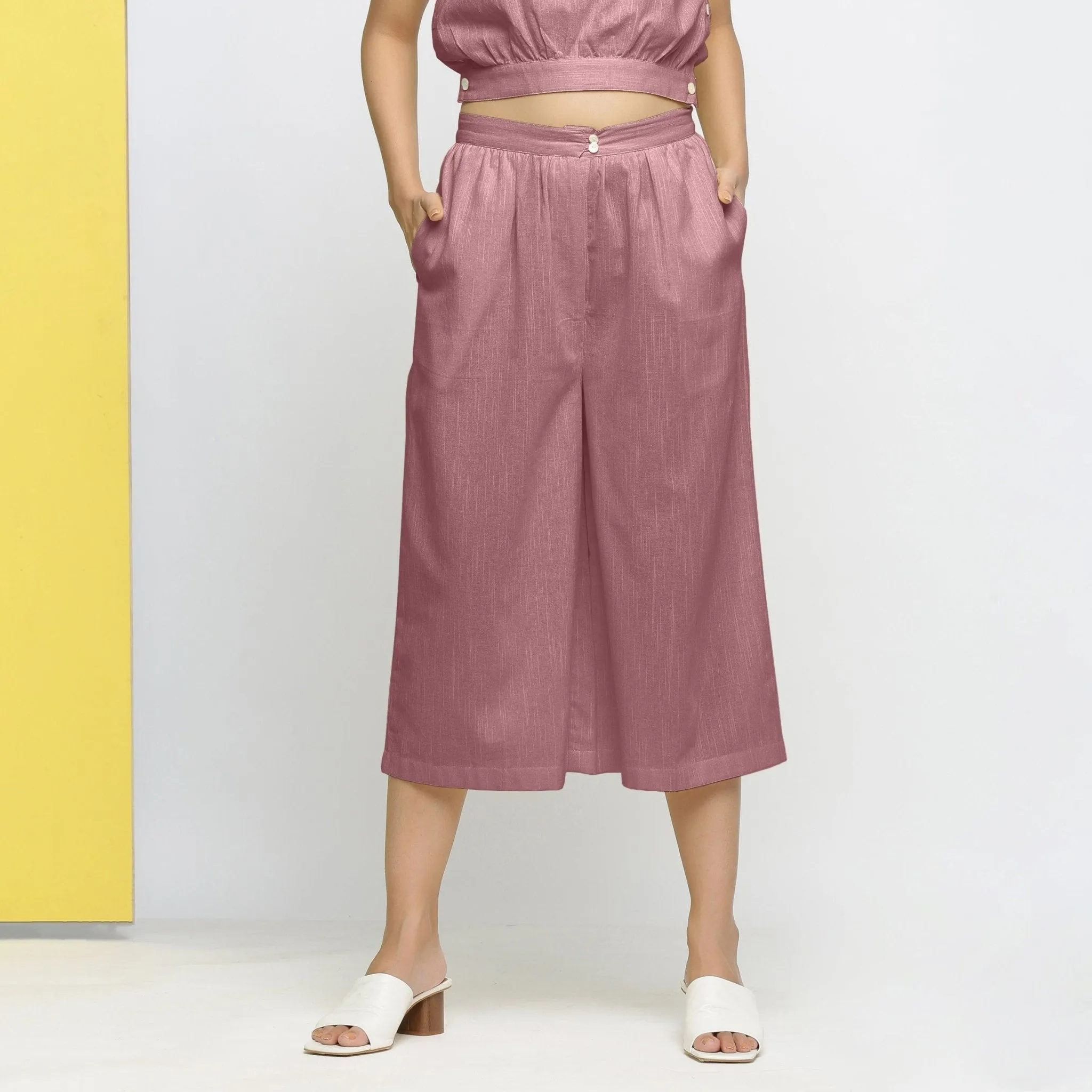 Purple Yarn Dyed Cotton Mid-Rise Flared Culottes