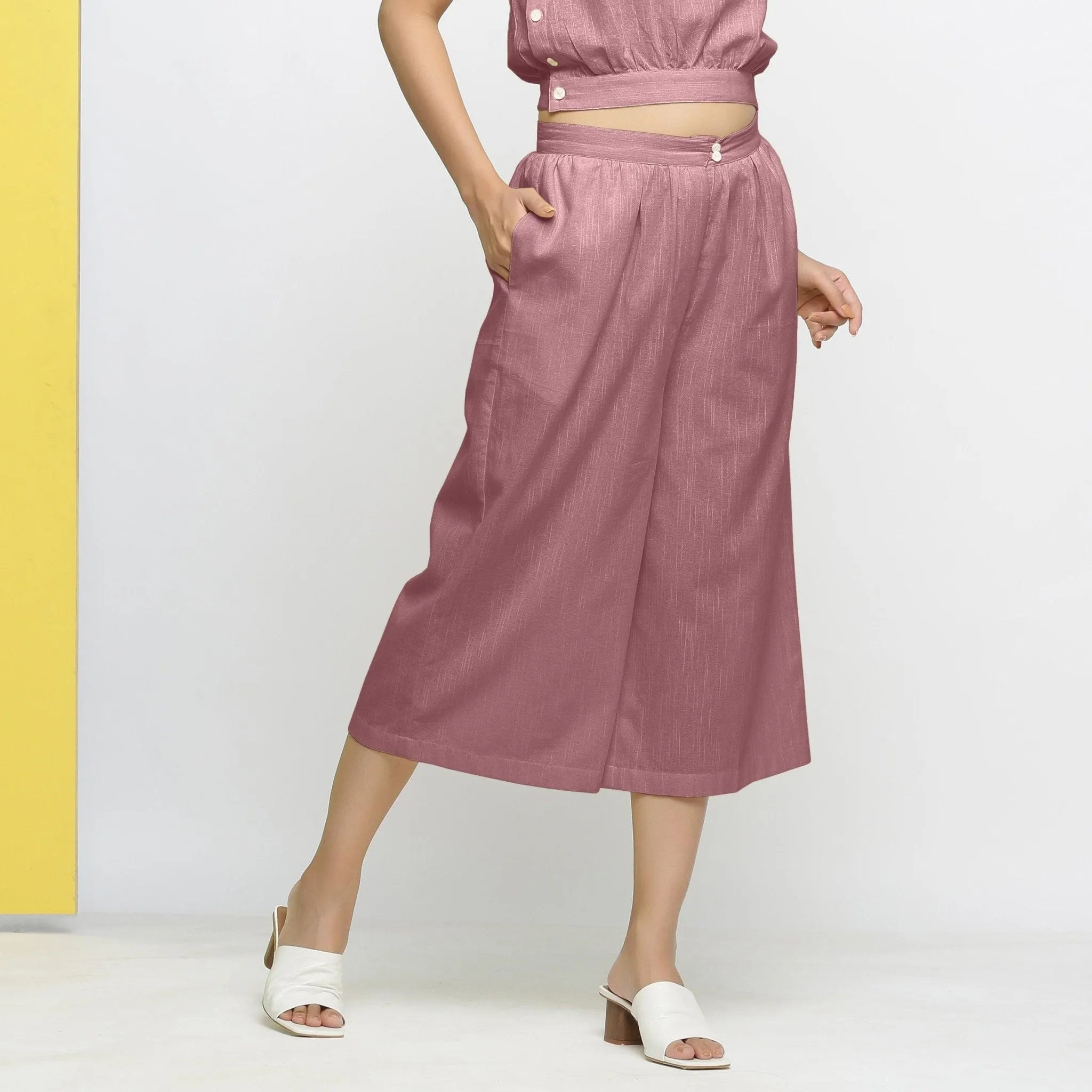 Purple Yarn Dyed Cotton Mid-Rise Flared Culottes