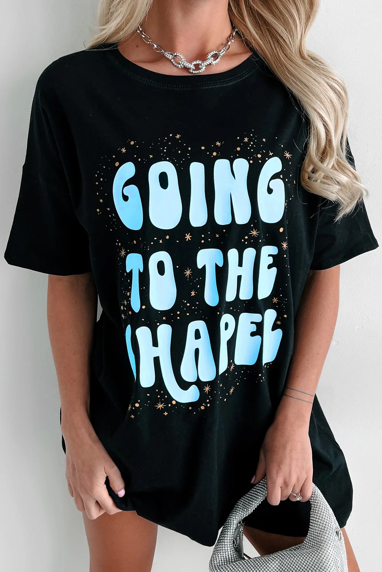 "Going To The Chapel" Oversized Metallic Graphic T-Shirt Dress (Black) - Print On Demand