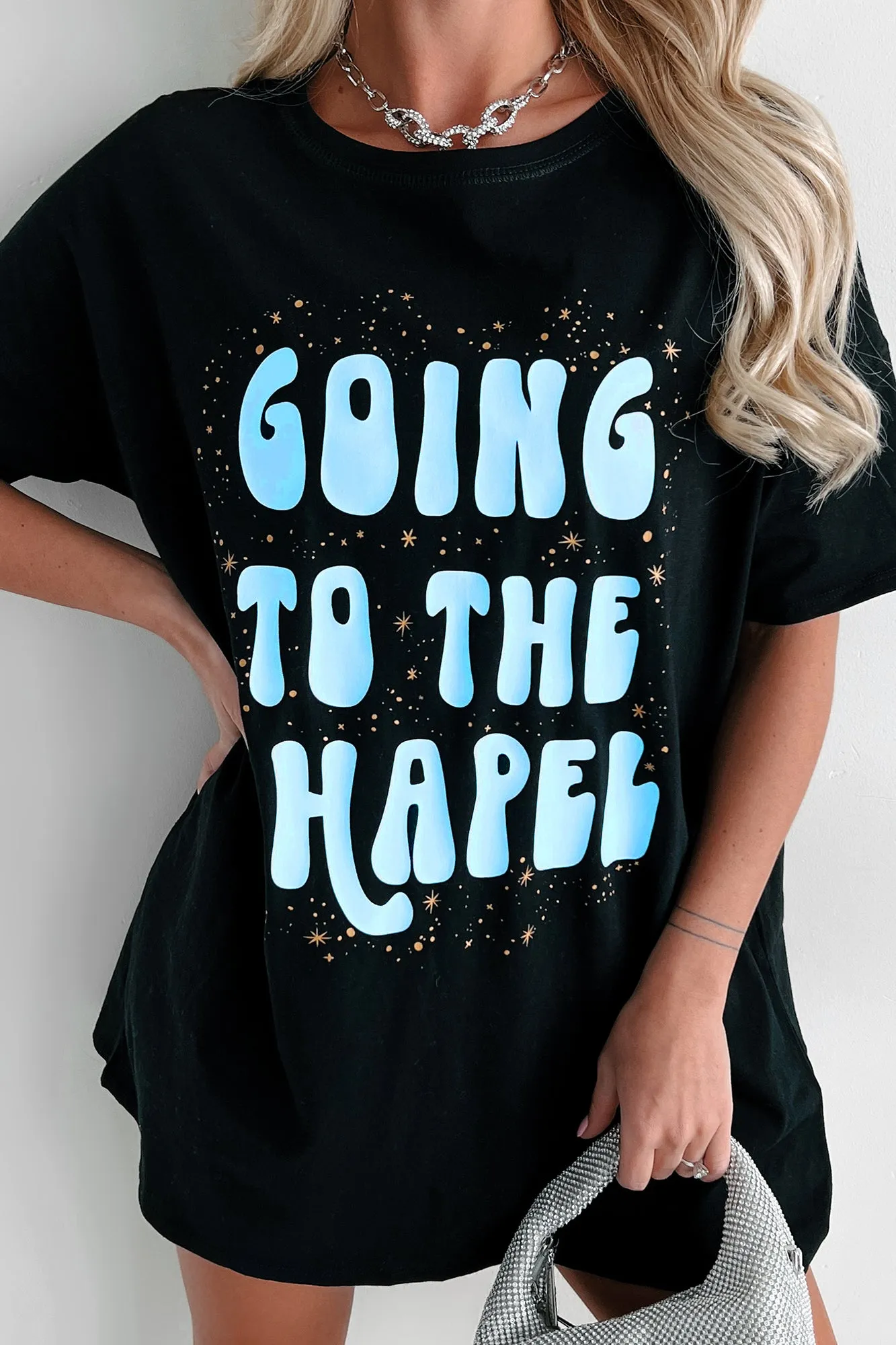 "Going To The Chapel" Oversized Metallic Graphic T-Shirt Dress (Black) - Print On Demand