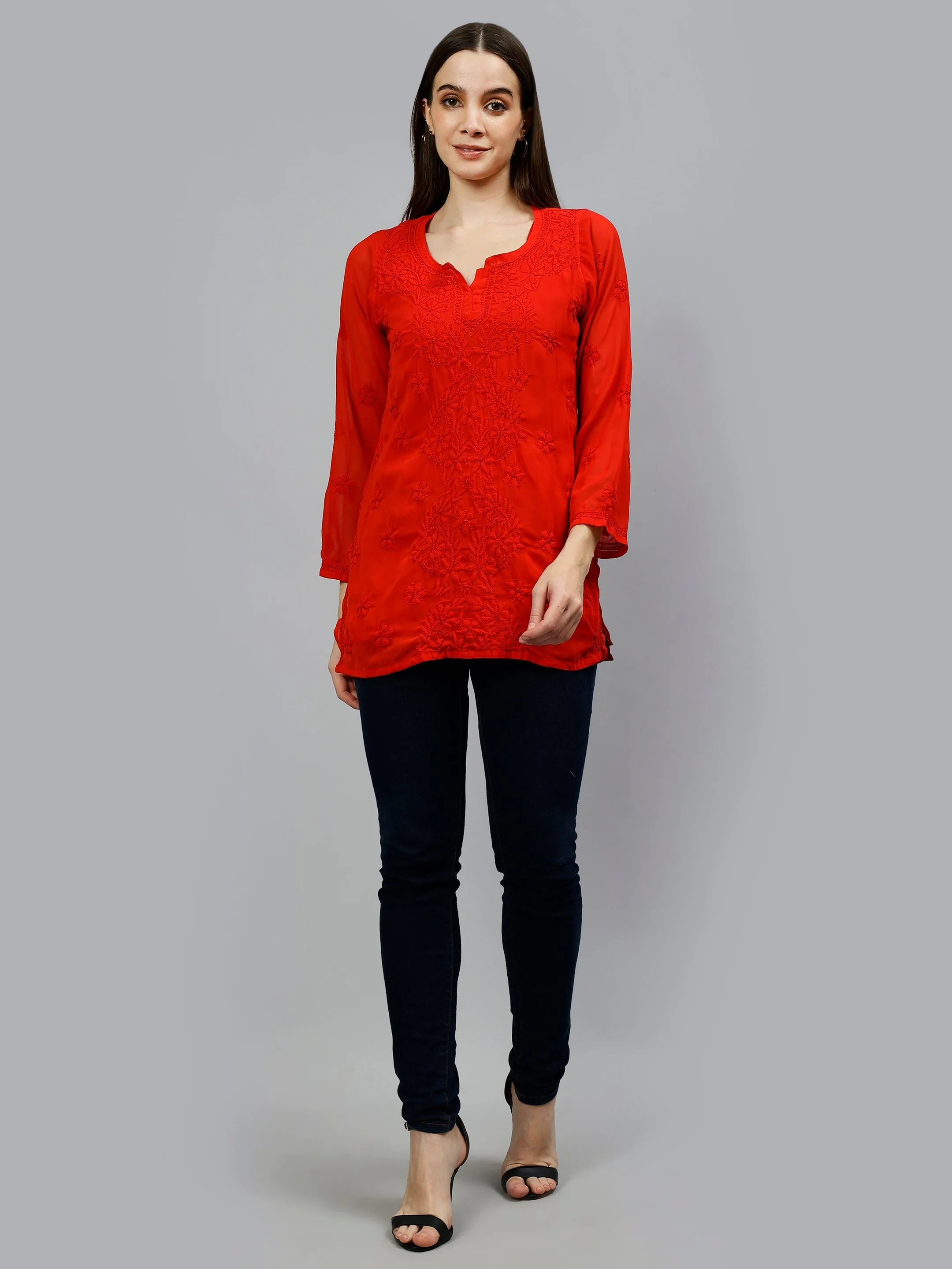 Red Georgette Lucknowi Chikankari Short Tunic with Slip