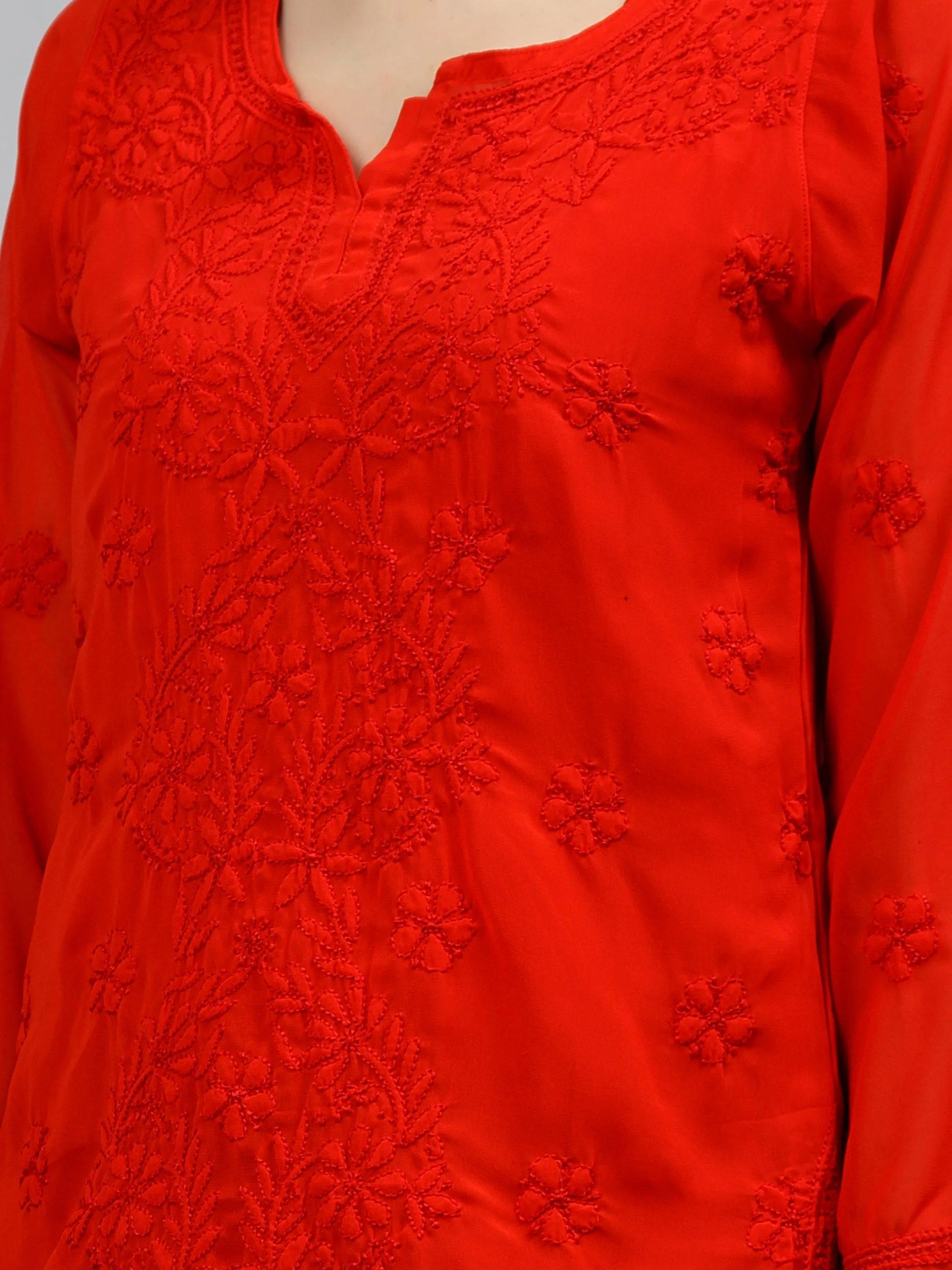 Red Georgette Lucknowi Chikankari Short Tunic with Slip