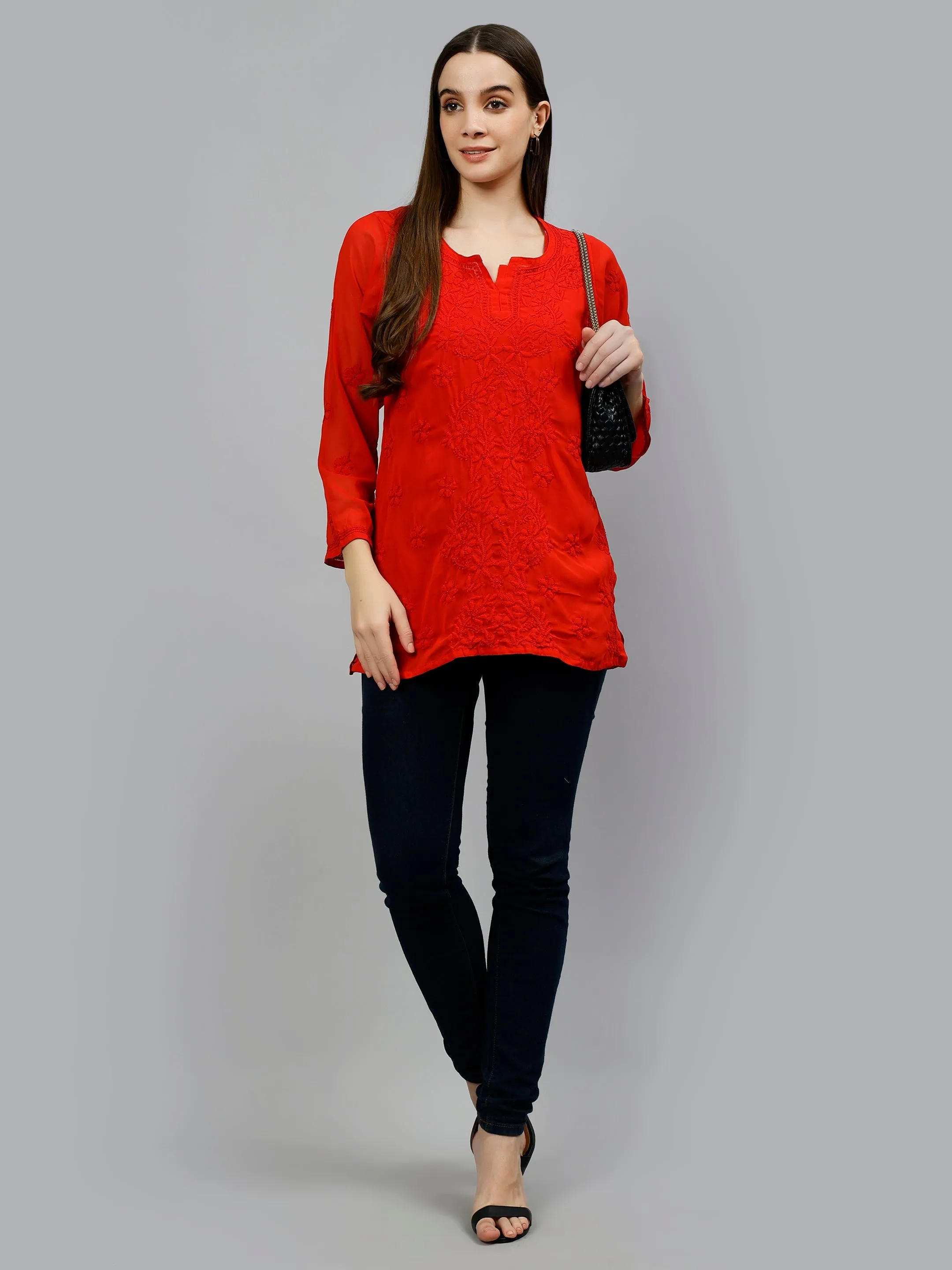 Red Georgette Lucknowi Chikankari Short Tunic with Slip