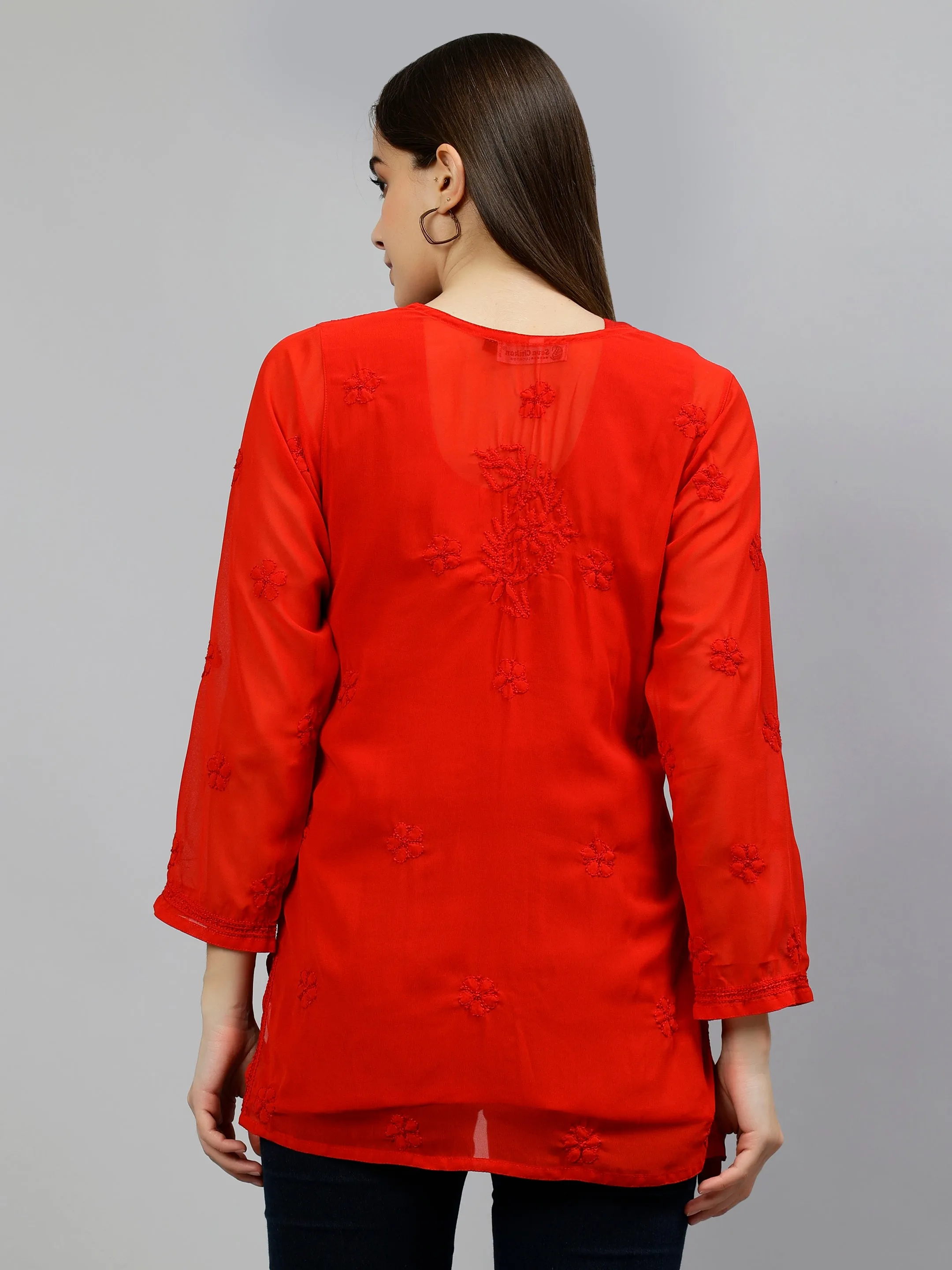 Red Georgette Lucknowi Chikankari Short Tunic with Slip