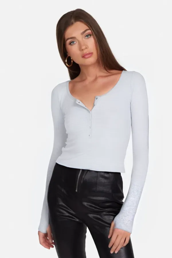 Reghan Crop Long Sleeve Scoop Neck Henley | White