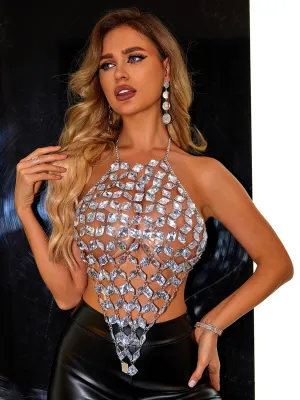 Rhinestone Backless Halter Neck Top Women's Sexy Open Back Metallic Silver Shirt