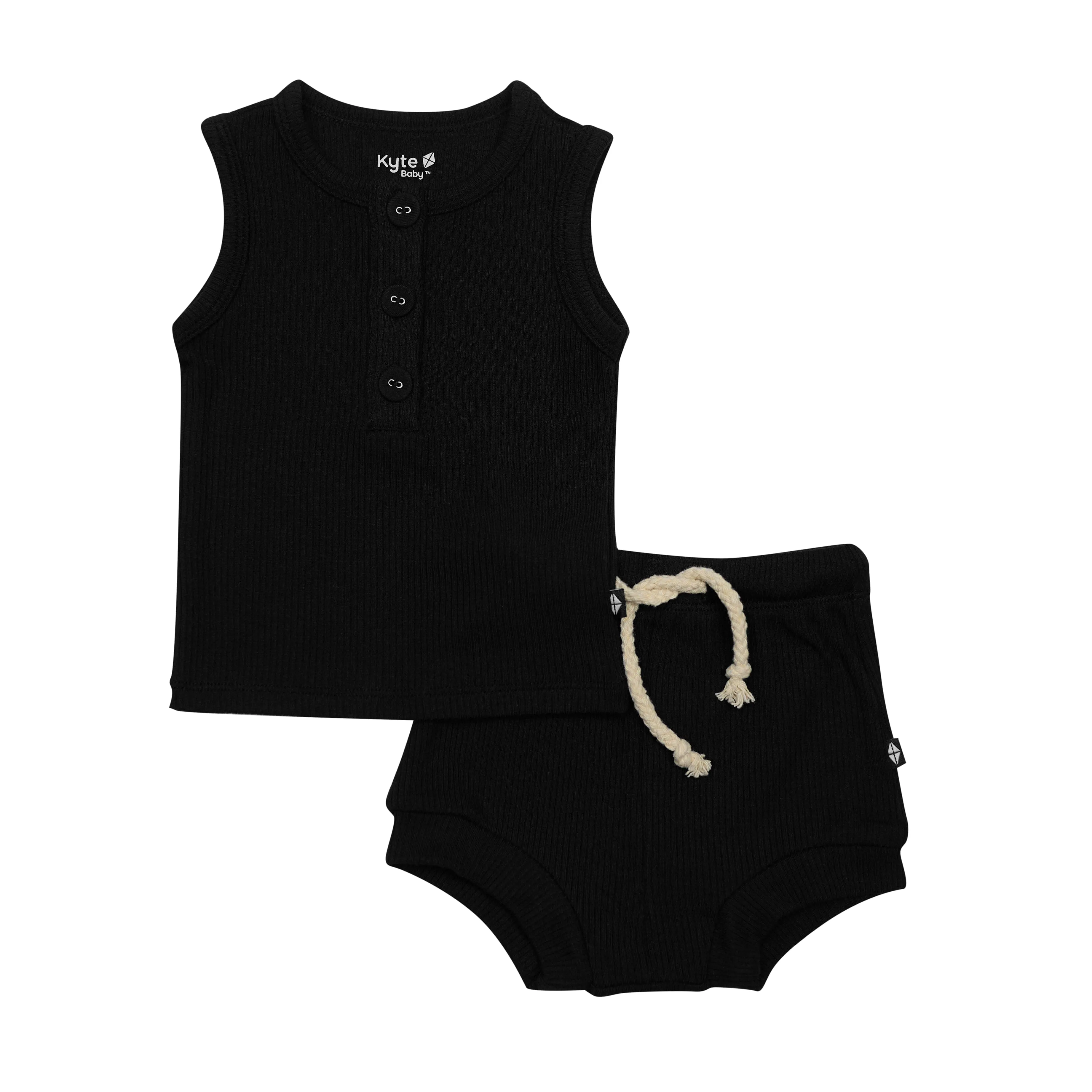 Ribbed Henley Tank Set in Midnight