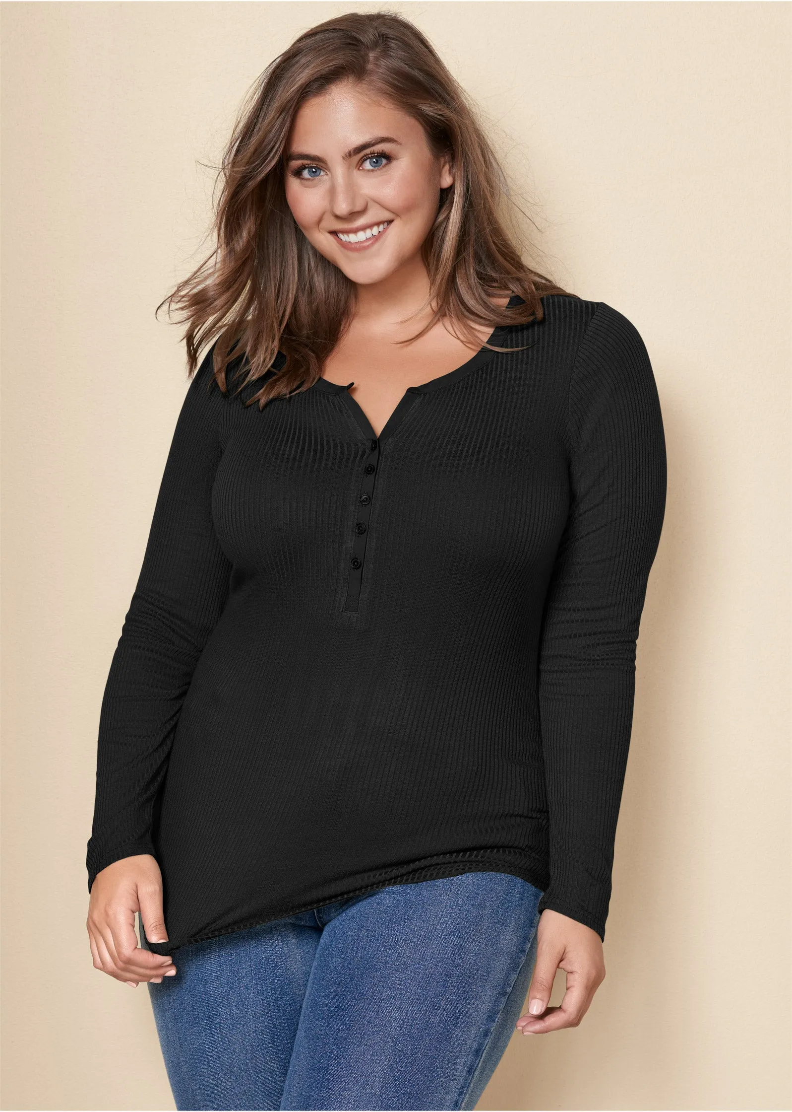 Ribbed Henley Top - Black