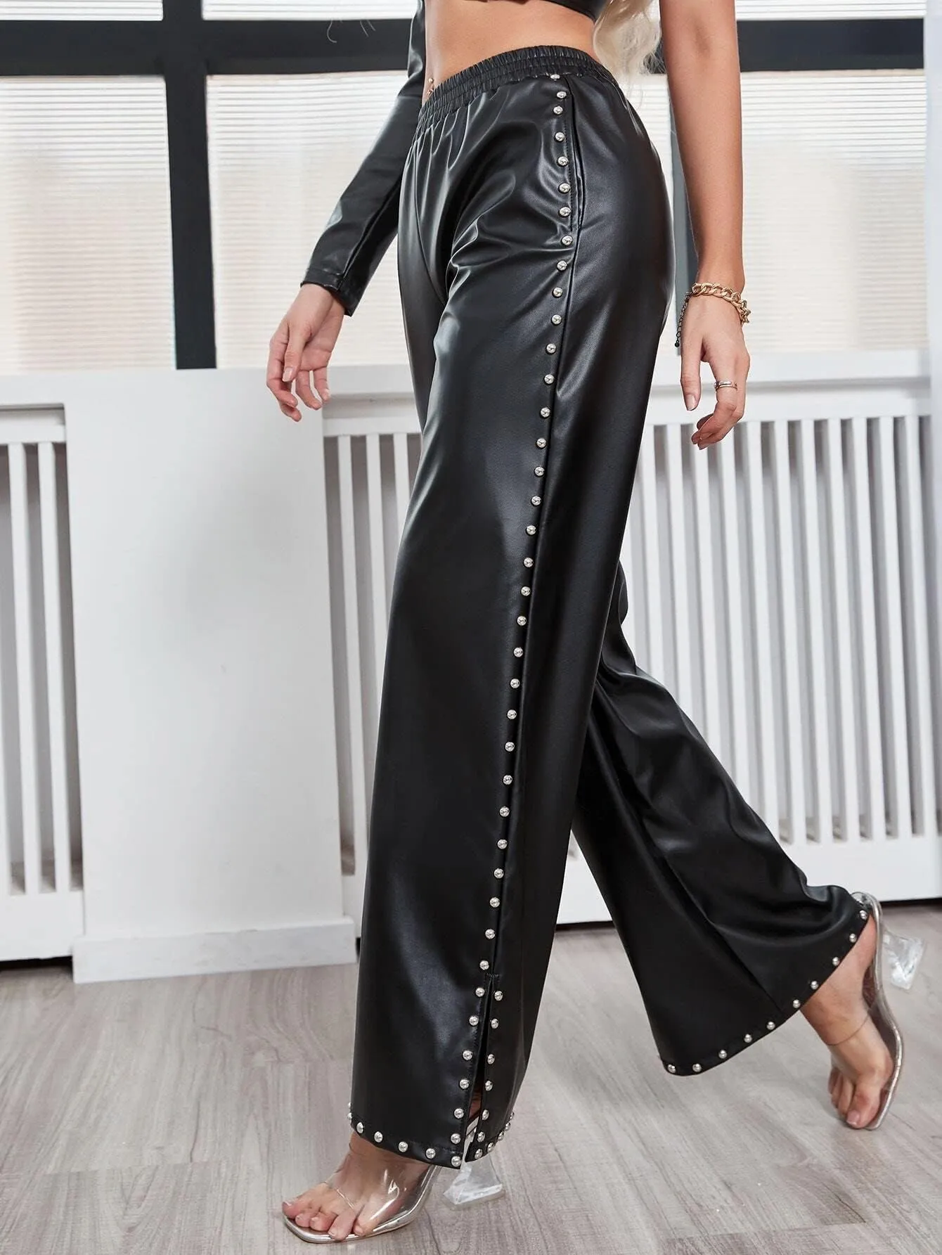 Rivet Split High Waist PU Leather Pants