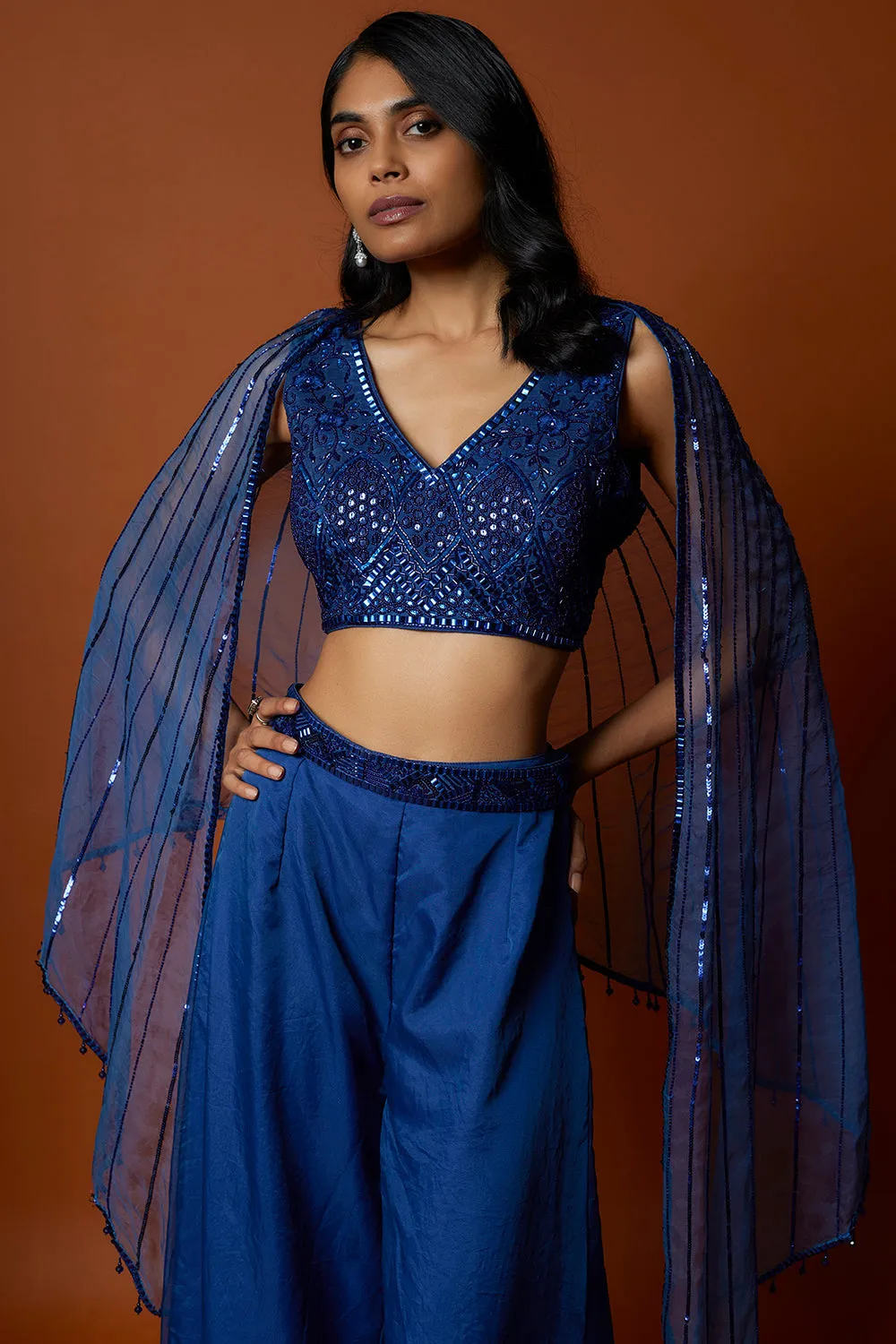 Royal Embroidered Blue Choli, Pants And Cape Set