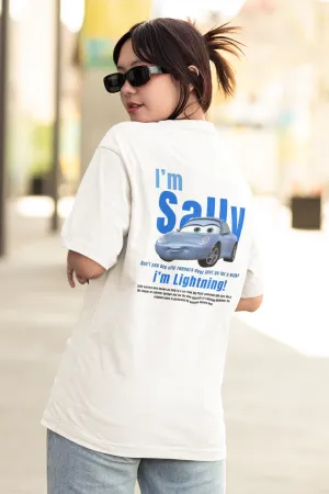 Sally Carrera Lightning CARS Unisex White Back Side Printed Only Oversized T-shirt