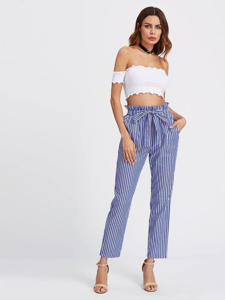 Self Tie Frill Waist Pinstripe Pants