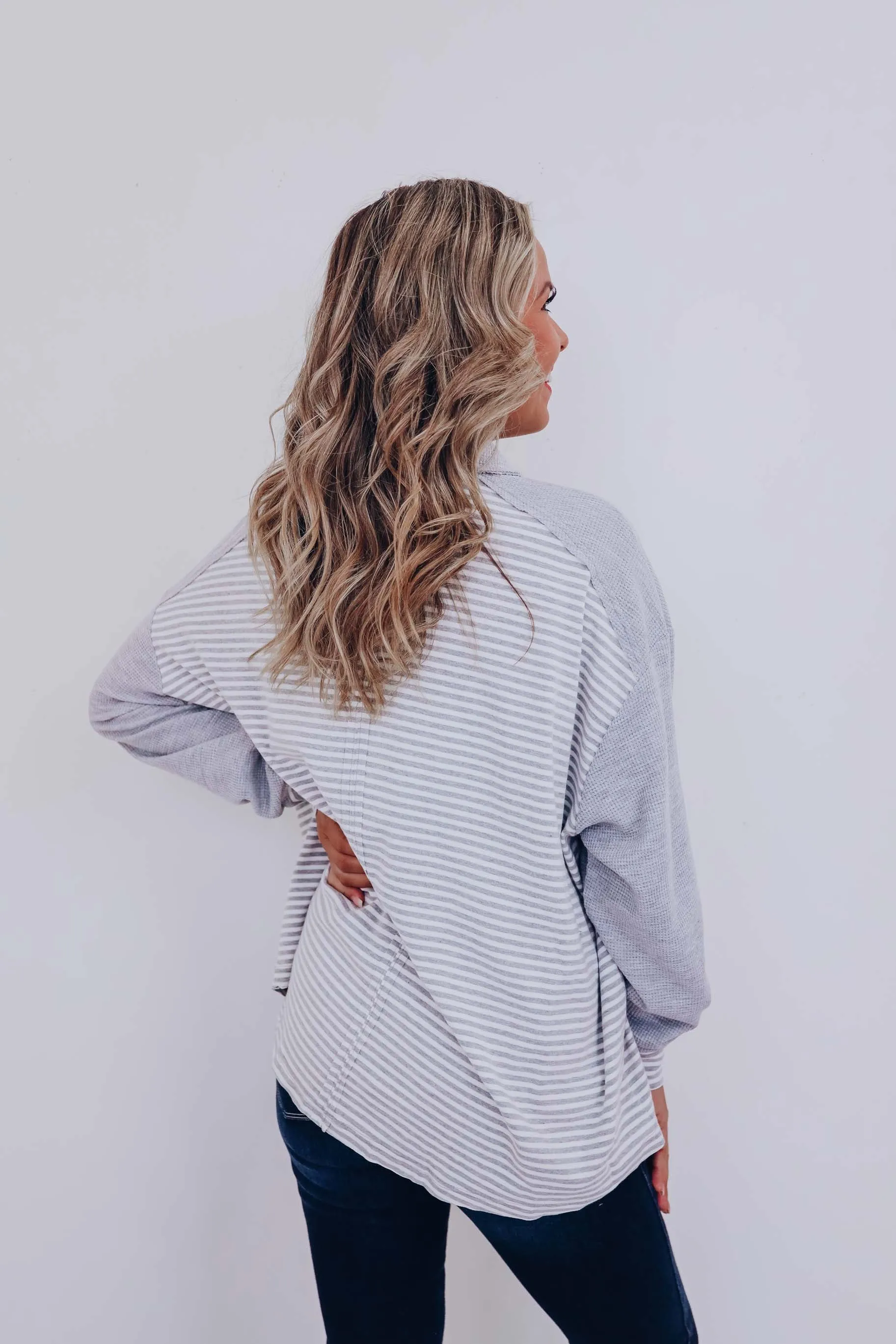 Serenity Striped Henley Top- Grey