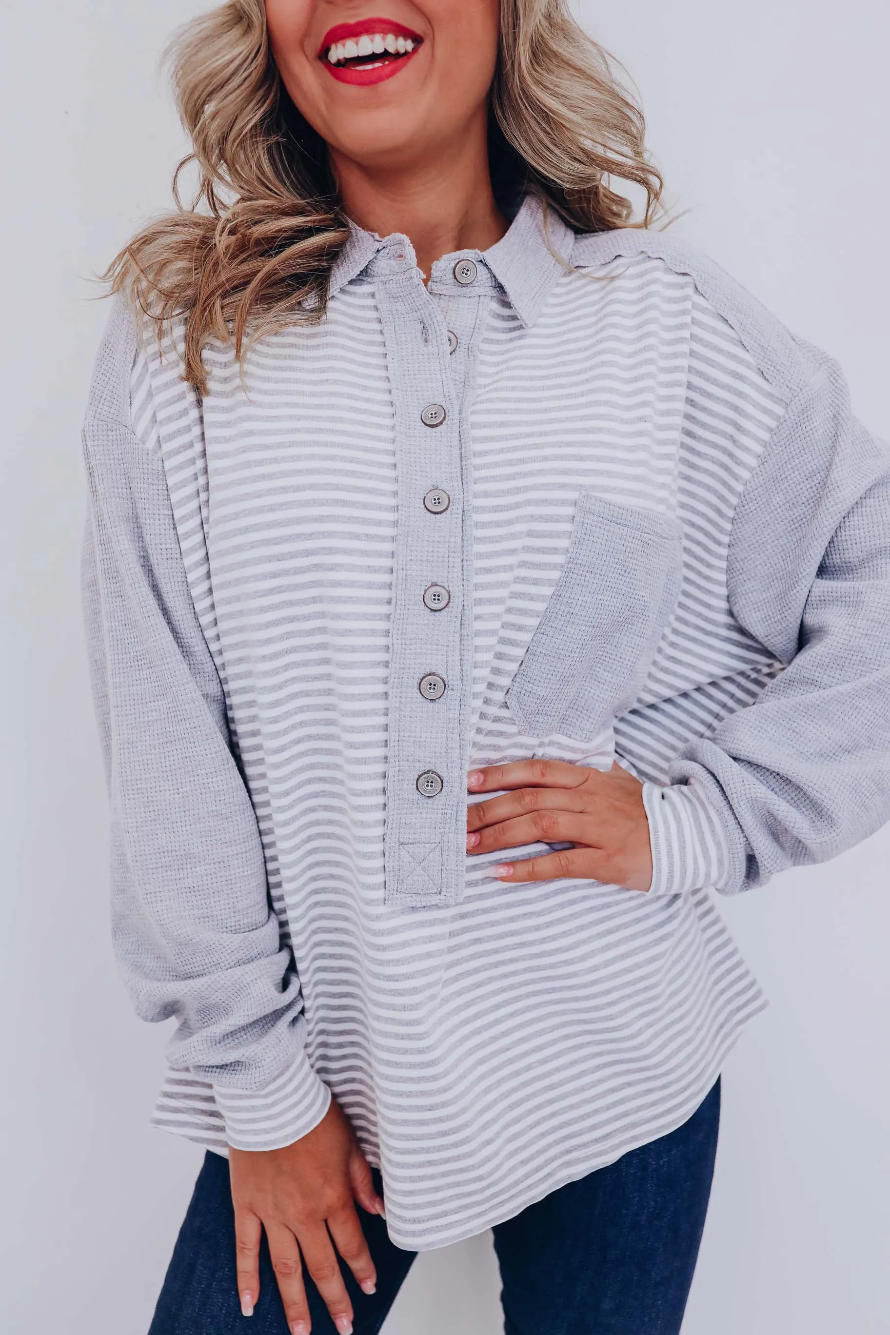 Serenity Striped Henley Top- Grey