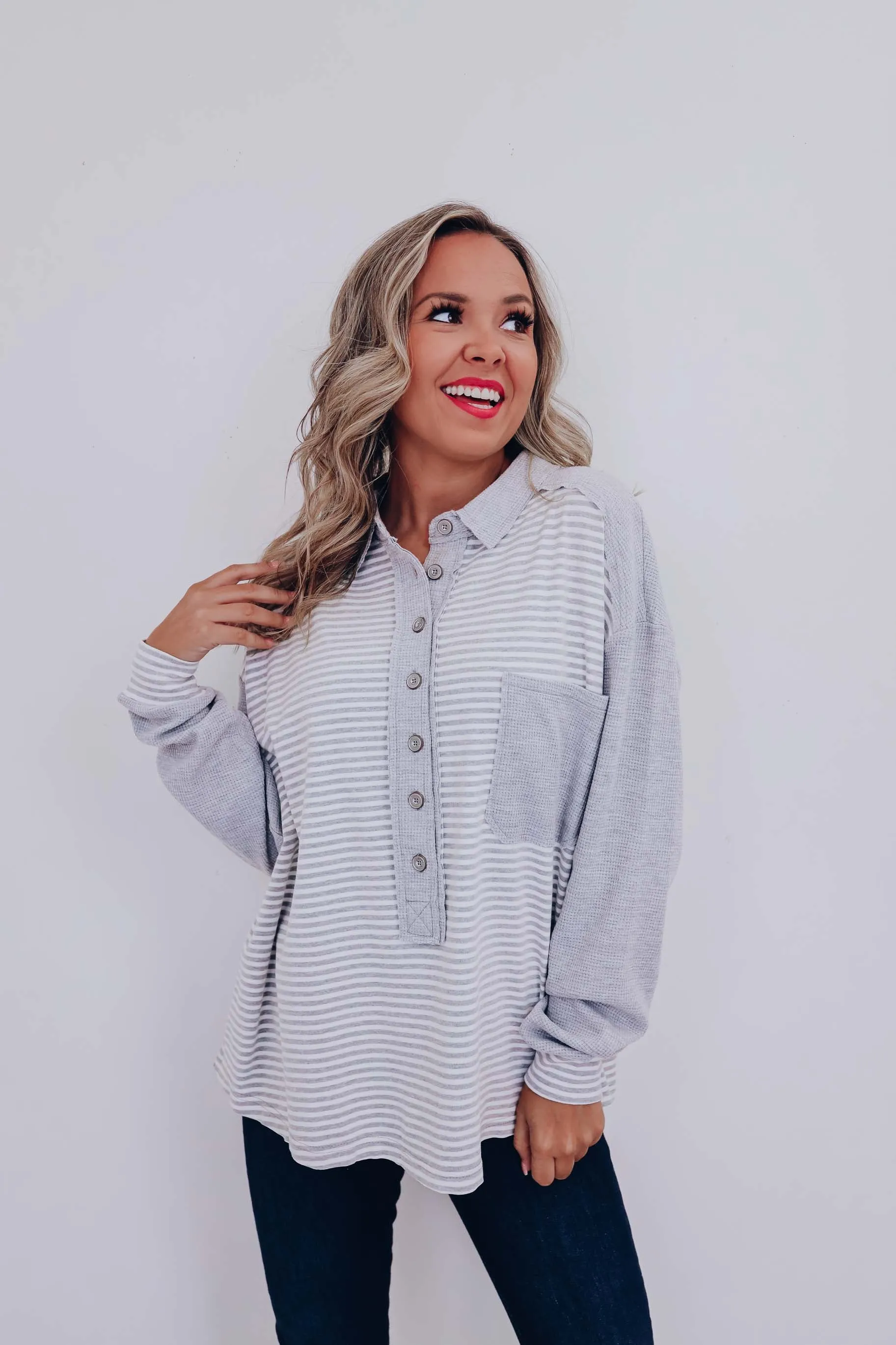 Serenity Striped Henley Top- Grey