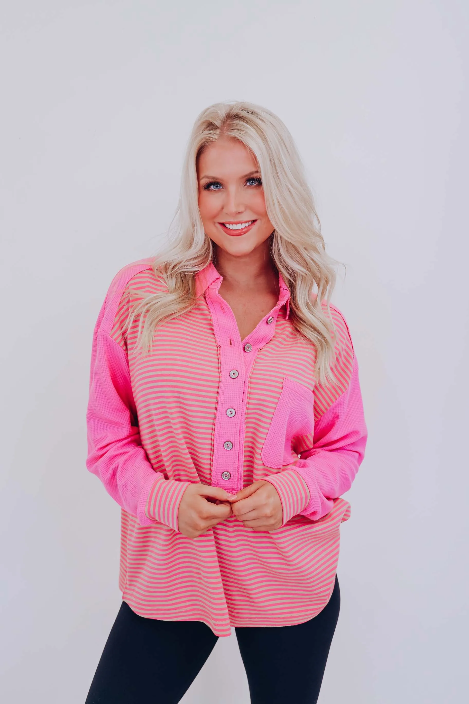 Serenity Striped Henley Top- Pink