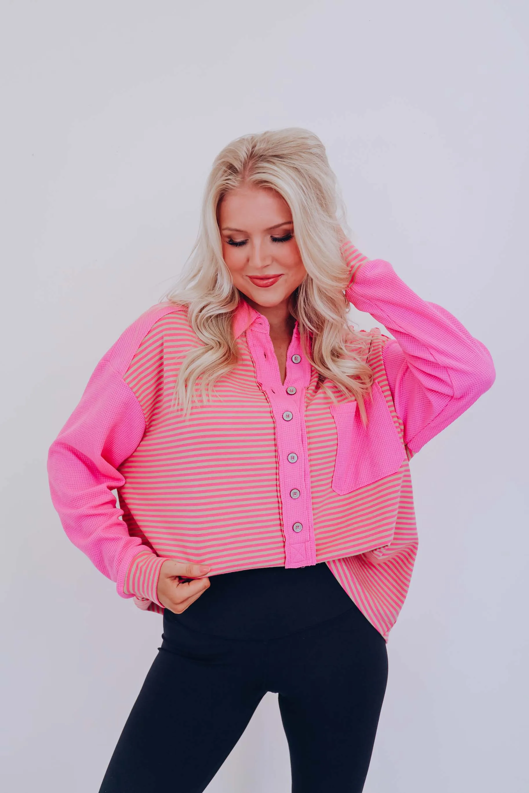 Serenity Striped Henley Top- Pink