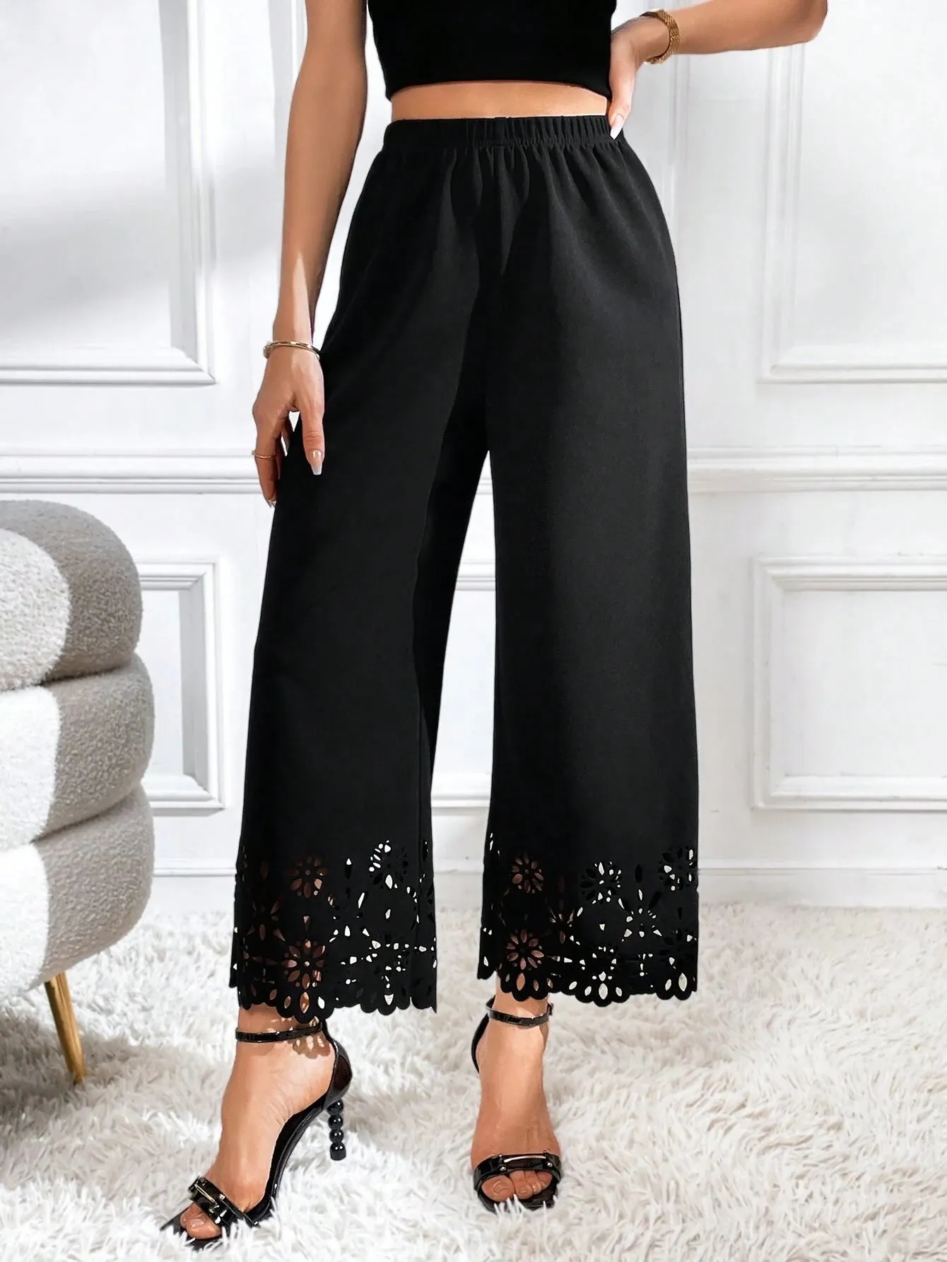 SHEIN Privé Laser Cut Out Wide Leg Pants