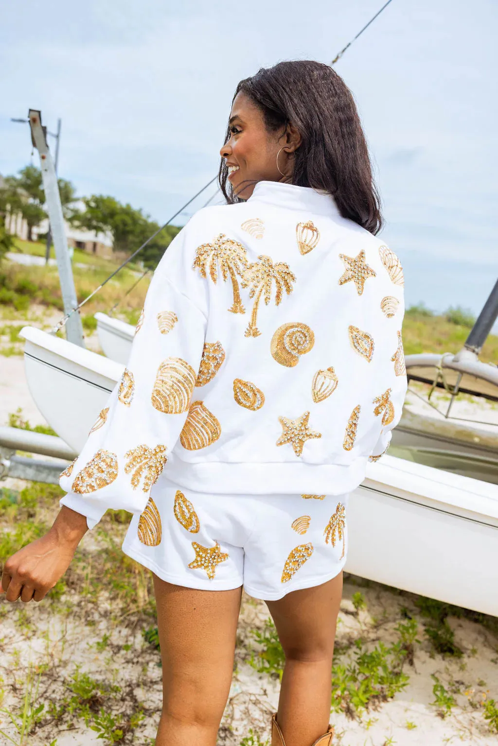 Shell Henley Shorts - White & Gold [Queen of Sparkles]