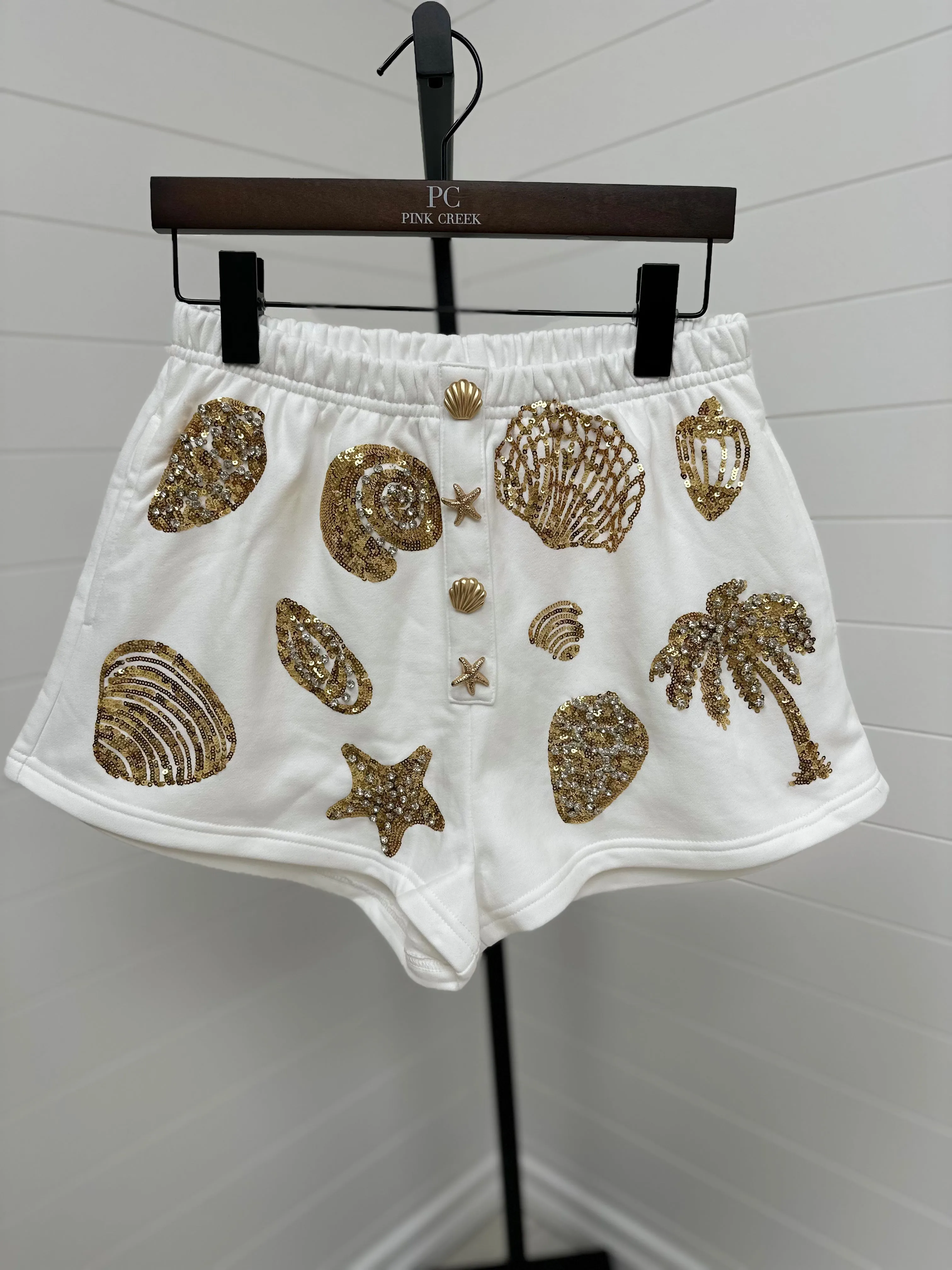 Shell Henley Shorts - White & Gold [Queen of Sparkles]